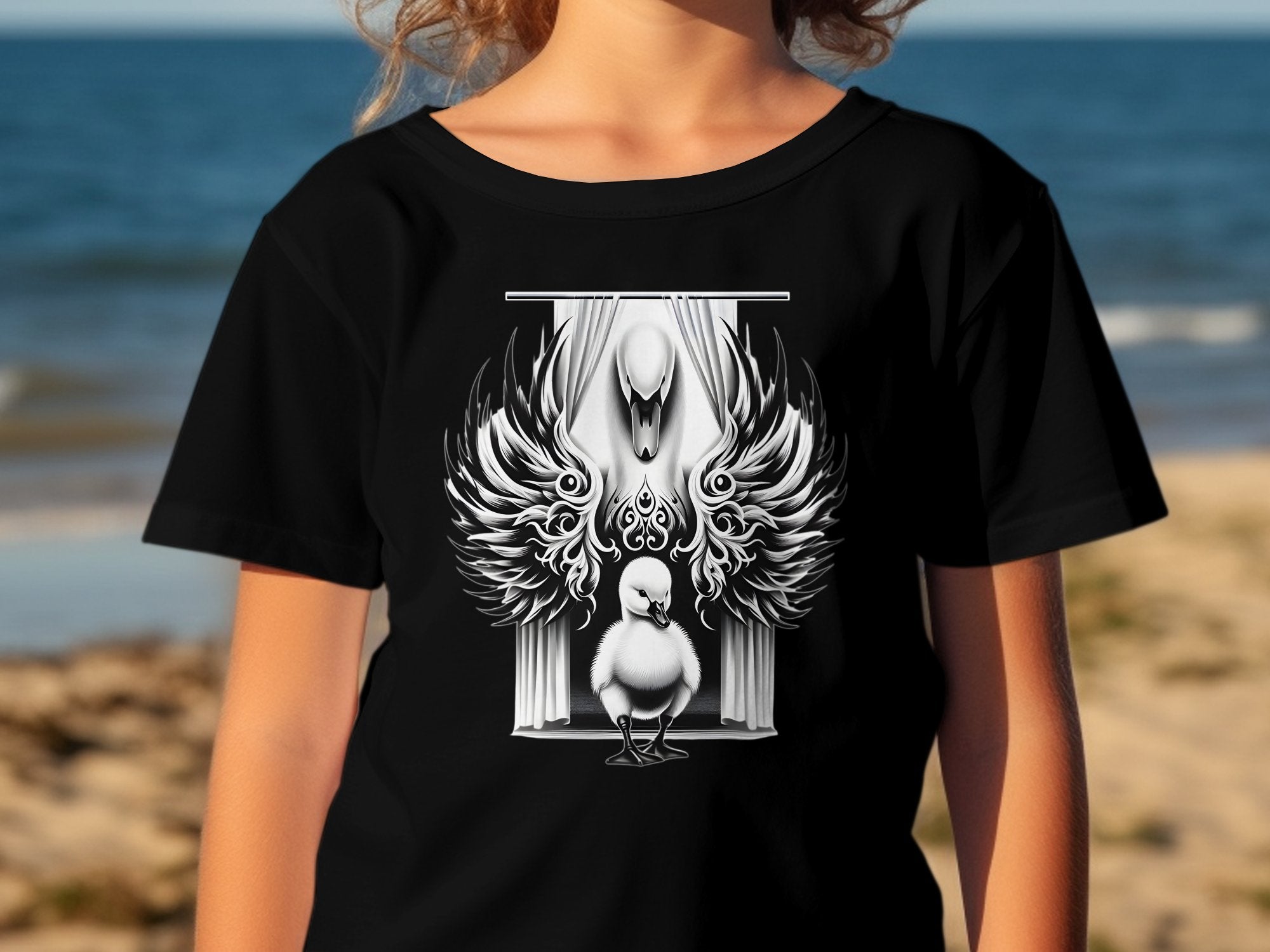 Swan & Cygnet- Black White Gildan Kids T-Shirt Realistic Family Talisman Unisex Tee Graphic Design