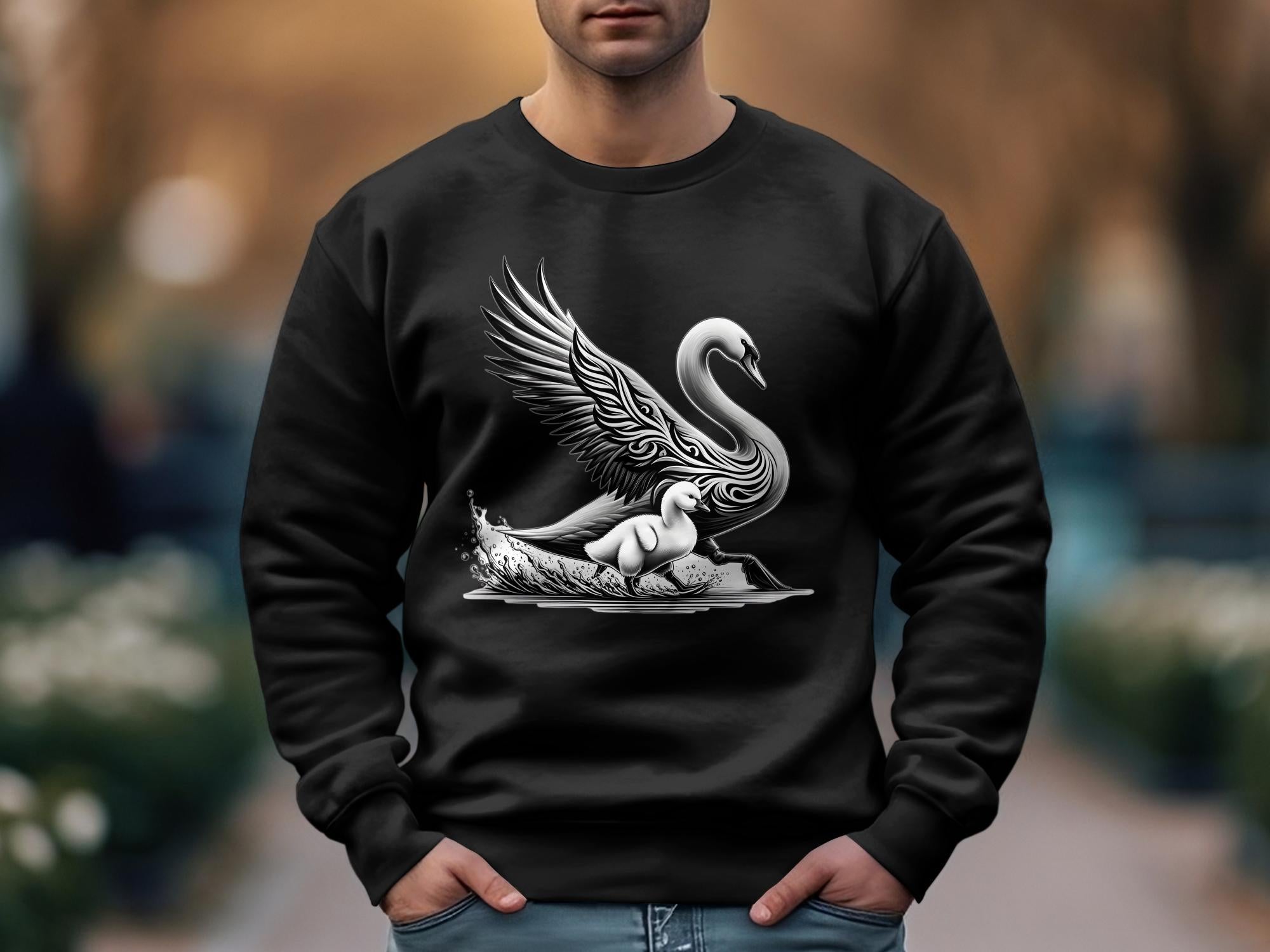 Swan & Cygnet- Black White Gildan Sweatshirt Realistic Family Talisman Unisex Tee Graphic Design