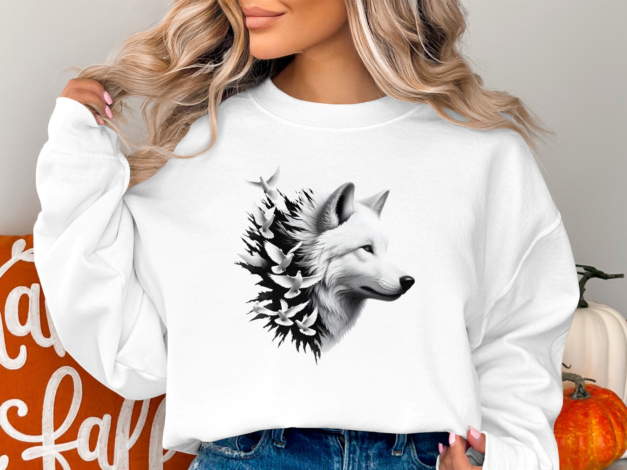 Wolf x Doves - Black White Gildan Sweatshirt Realistic Animal Talisman Unisex Tee Graphic Design