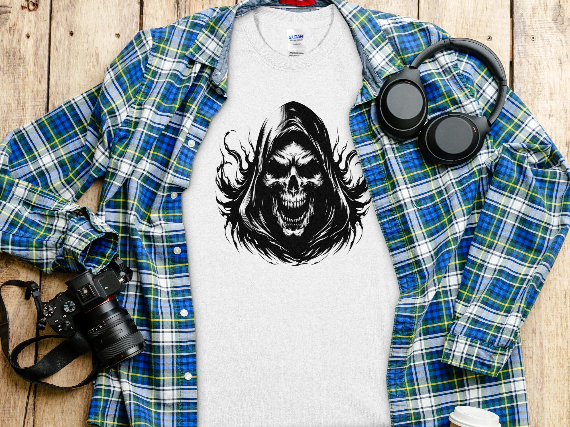 Grim Reaper - Black White Gildan T-Shirt Commemorative Talisman Unisex Tee Graphic Design