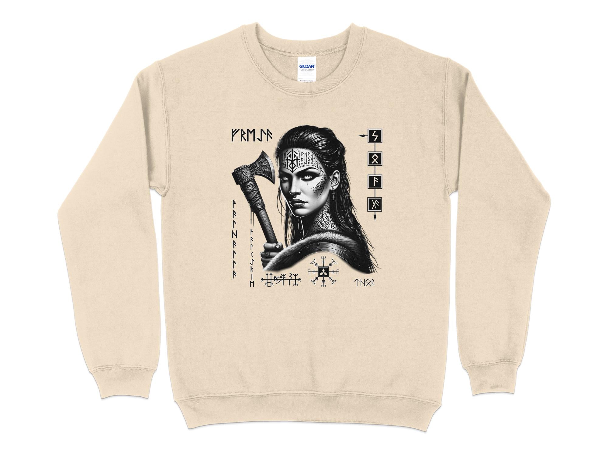 Viking Shield Maiden - Coloured Gildan Sweatshirt Realistic Norse Talisman Men Women Unisex Valhalla Tee Graphic Design