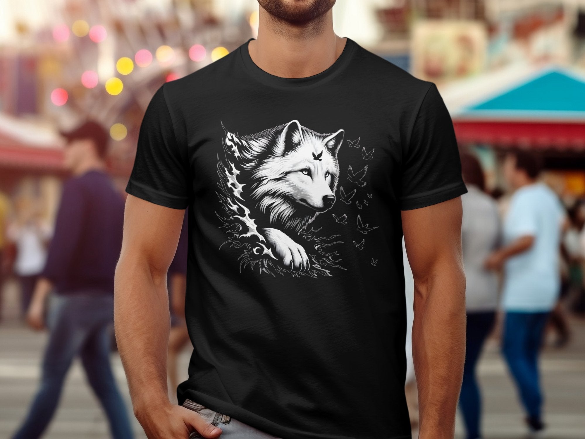 Wolf x Doves - Black White Gildan T-Shirt Realistic Animal Talisman Unisex Tee Graphic Design