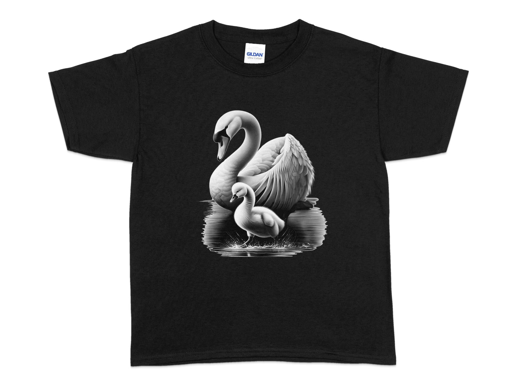 Swan & Cygnet- Black White Gildan Kids T-Shirt Realistic Family Talisman Unisex Tee Graphic Design