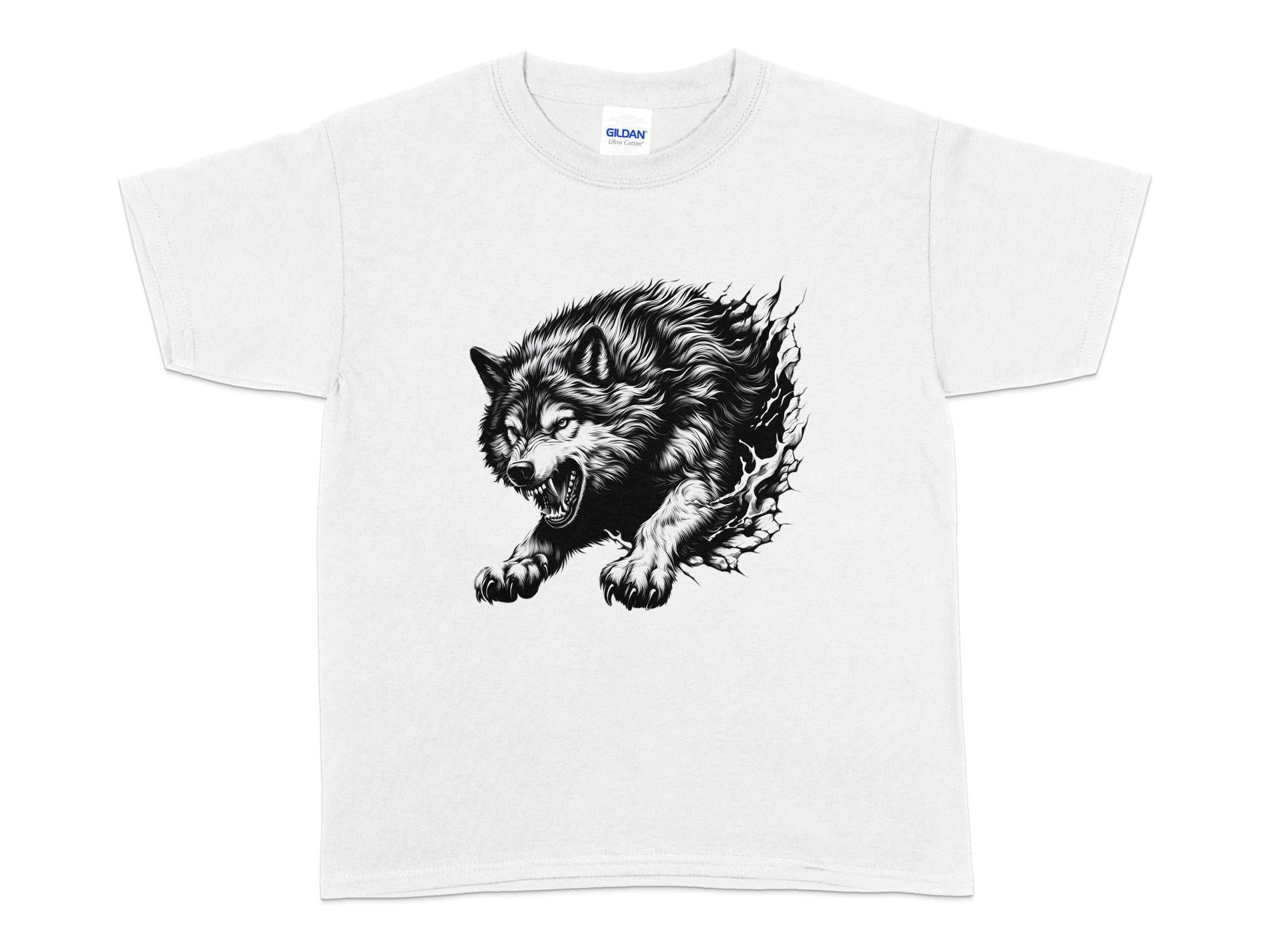 Wolf Tribal - Black White Gildan Kids T-Shirt Realistic Animal Talisman Unisex Tee Graphic Design