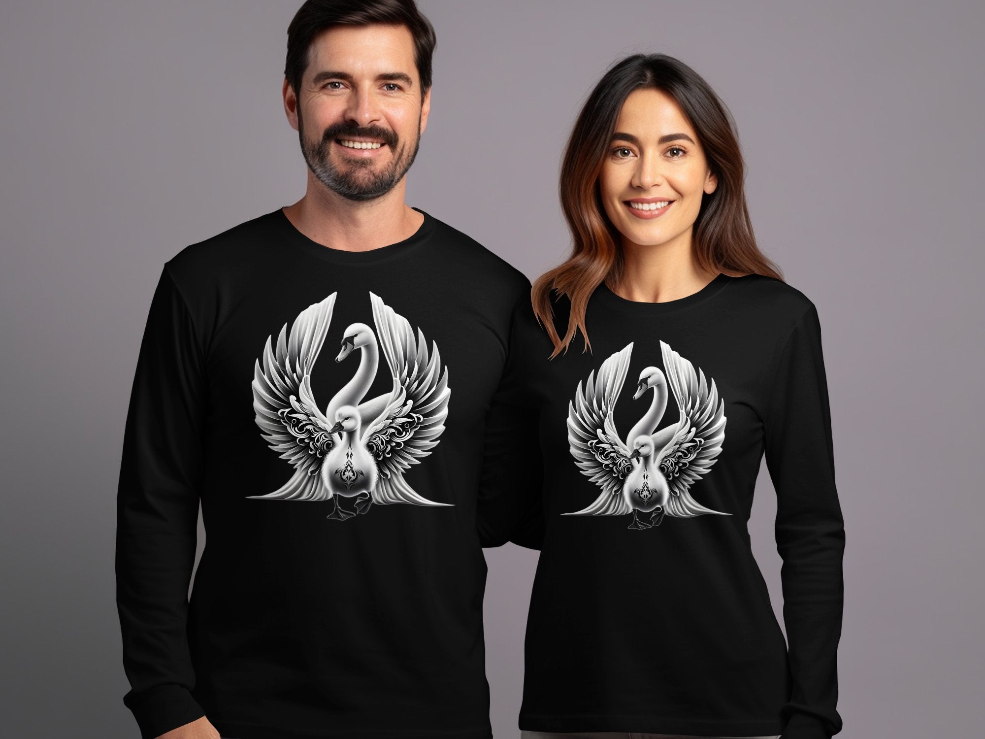 Swan & Cygnet- Black White Gildan Long Sleeve Realistic Family Talisman Unisex Tee Graphic Design