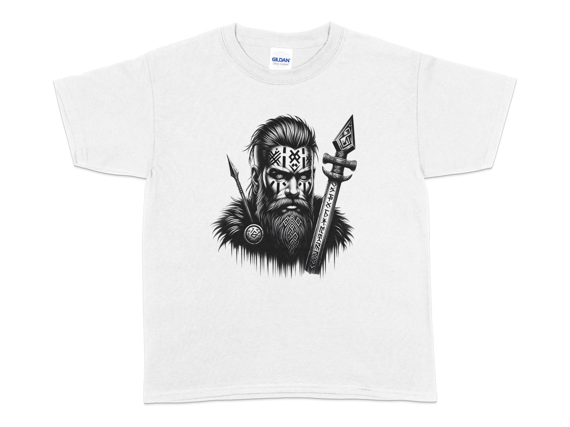 Viking Stoic - Coloured Gildan Kids T-Shirt Realistic Norse Talisman Unisex Valhalla Tee Graphic Design