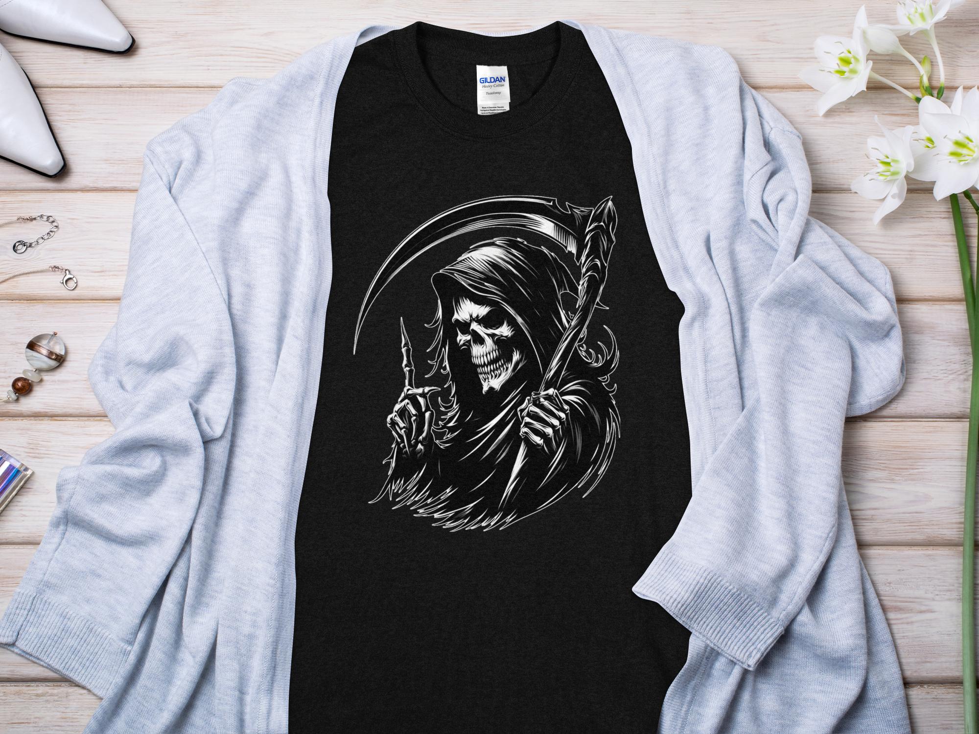 Grim Reaper - Black White Gildan T-Shirt Commemorative Talisman Unisex Tee Graphic Design