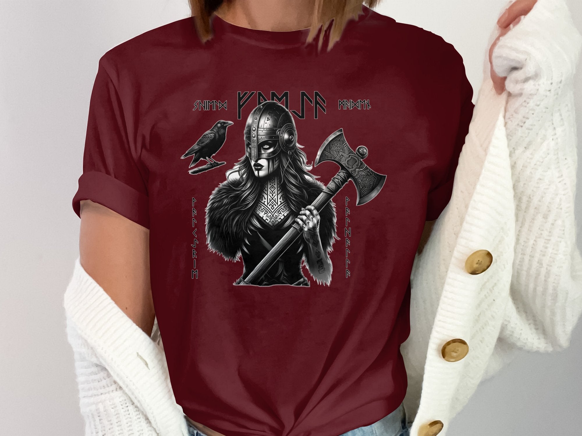 Viking Shield Maiden - Coloured Gildan T Shirt Realistic Norse Talisman Men Women Unisex Valhalla Tee Graphic Design