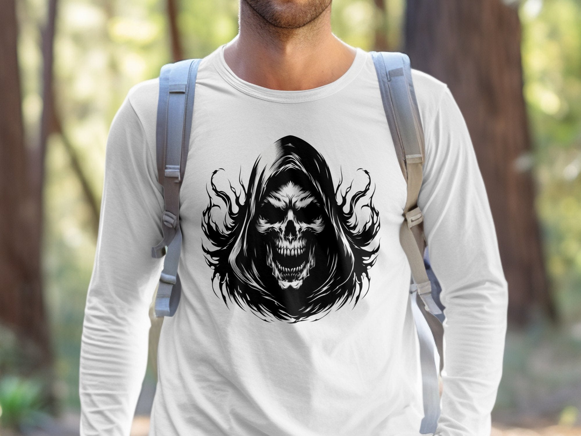 Grim Reaper - Black White Gildan Long Sleeve Commemorative Talisman Unisex Tee Graphic Design