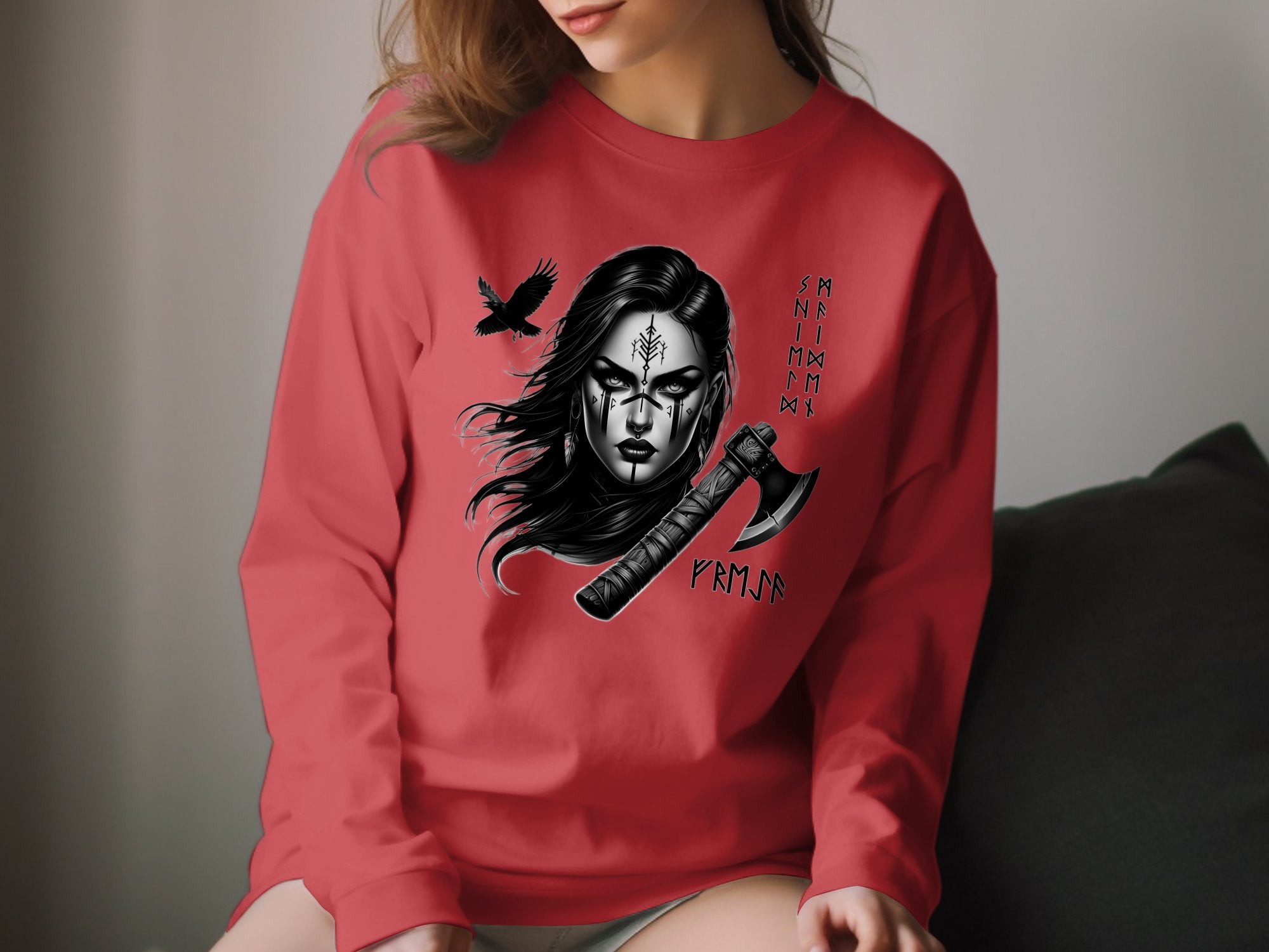 Viking Shield Maiden - Coloured Gildan Long Sleeve Realistic Norse Talisman Men Women Unisex Valhalla Tee Graphic Design