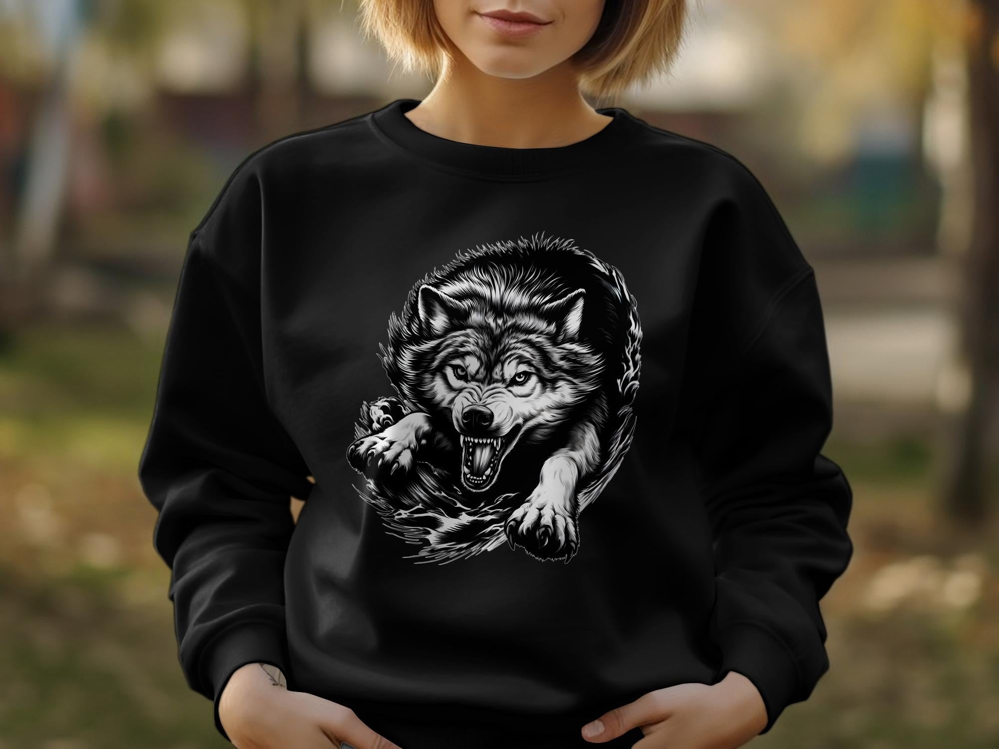 Wolf Tribal - Black White Gildan Sweatshirt Realistic Animal Talisman Unisex Tee Graphic Design