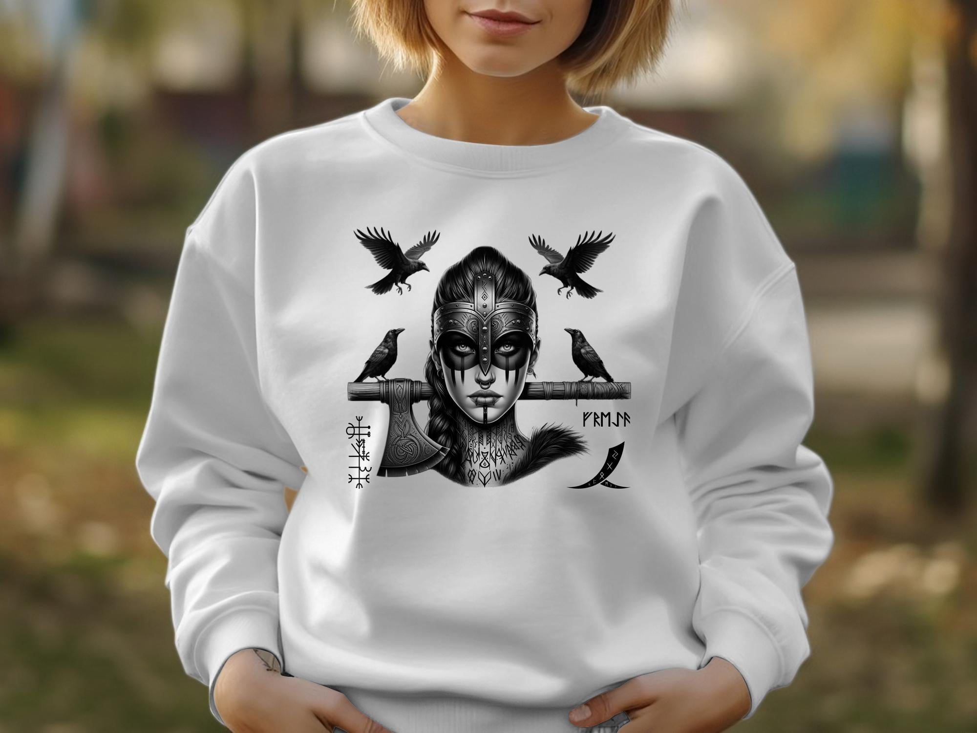 Viking Shield Maiden - Coloured Gildan Sweatshirt Realistic Norse Talisman Men Women Unisex Valhalla Tee Graphic Design