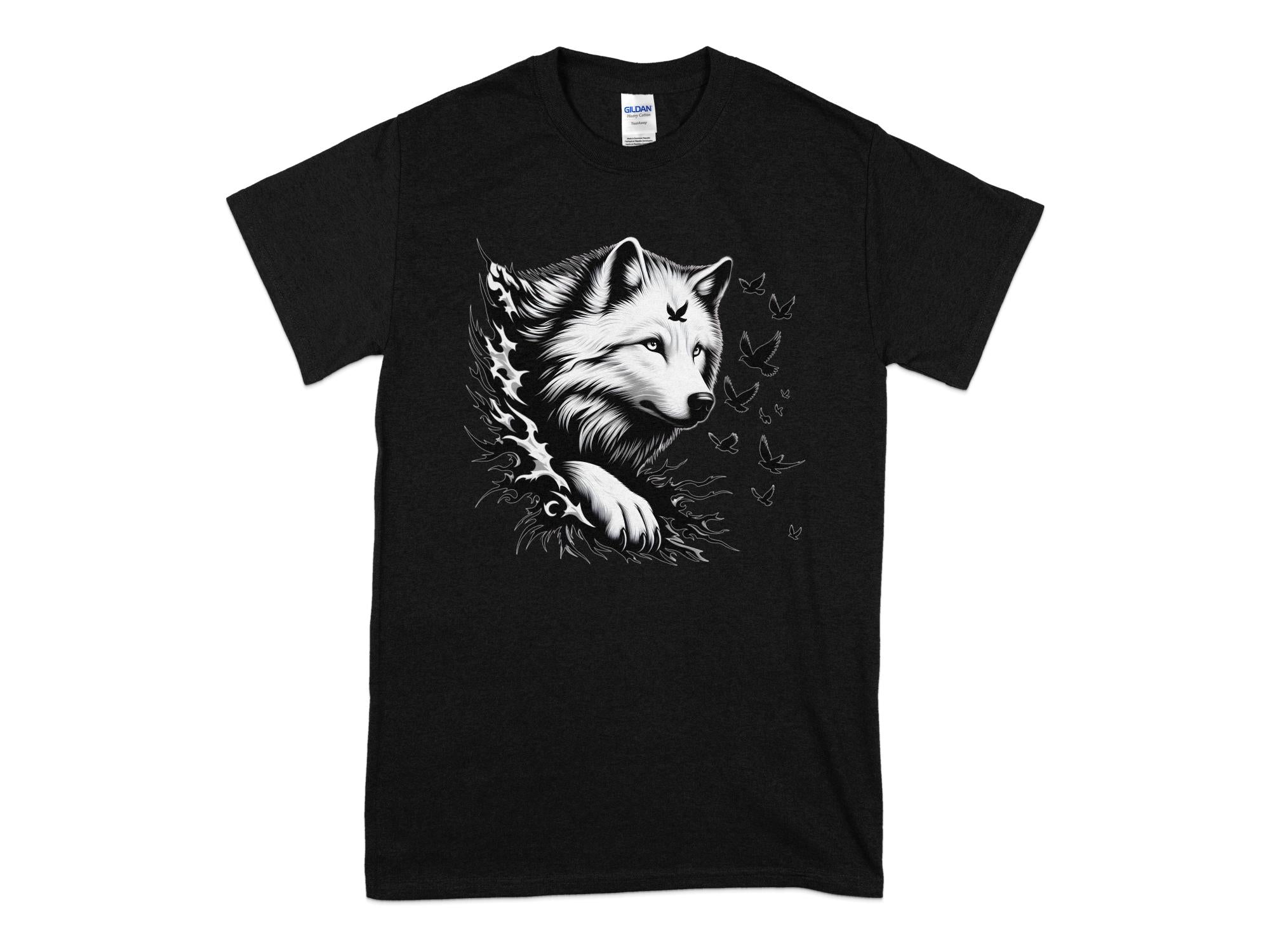 Wolf x Doves - Black White Gildan T-Shirt Realistic Animal Talisman Unisex Tee Graphic Design