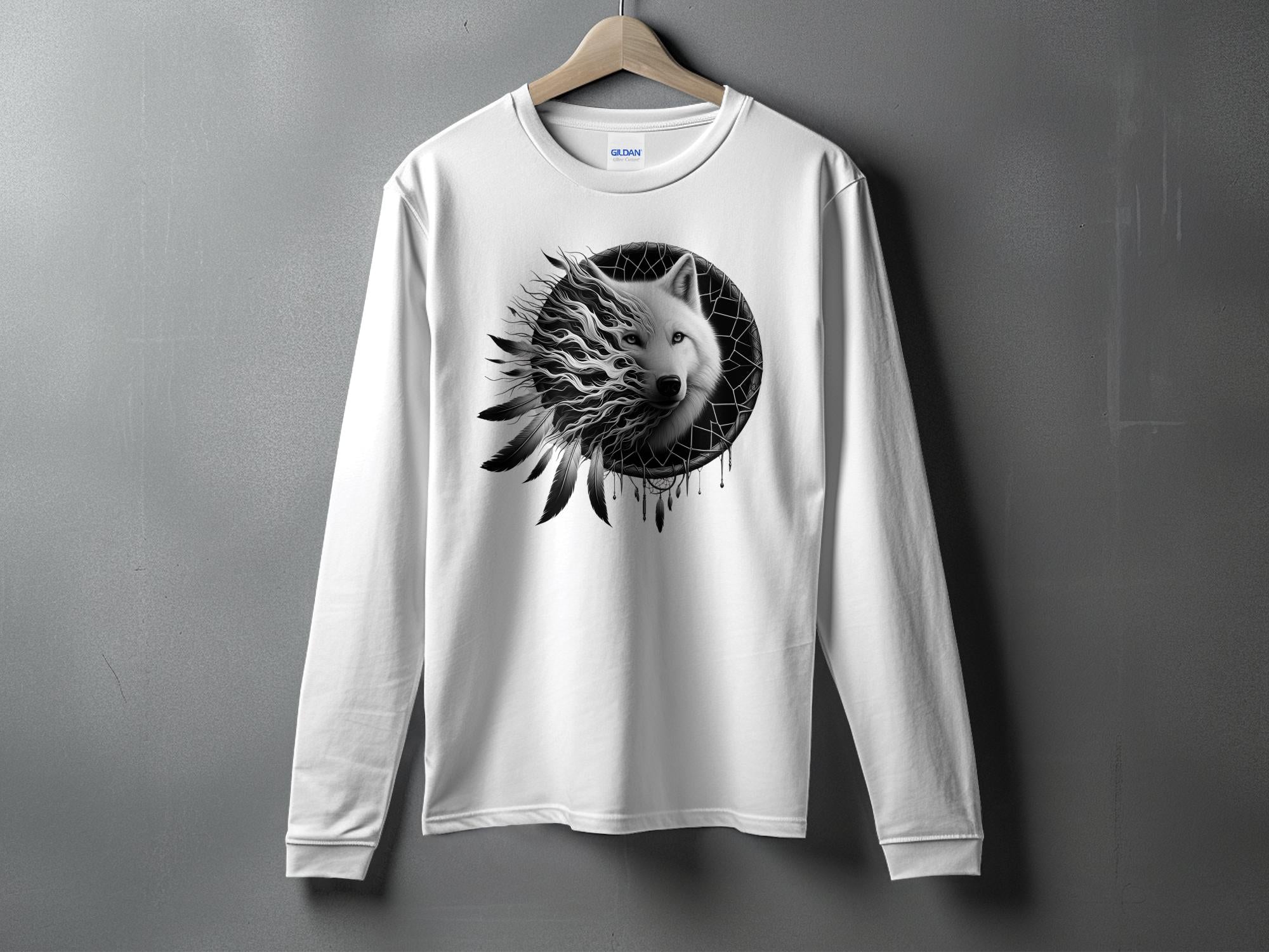 Dreamcatcher Wolf - Coloured Gildan Long Sleeve Realistic Native American Talisman Unisex Mythology Tee Graphic Design