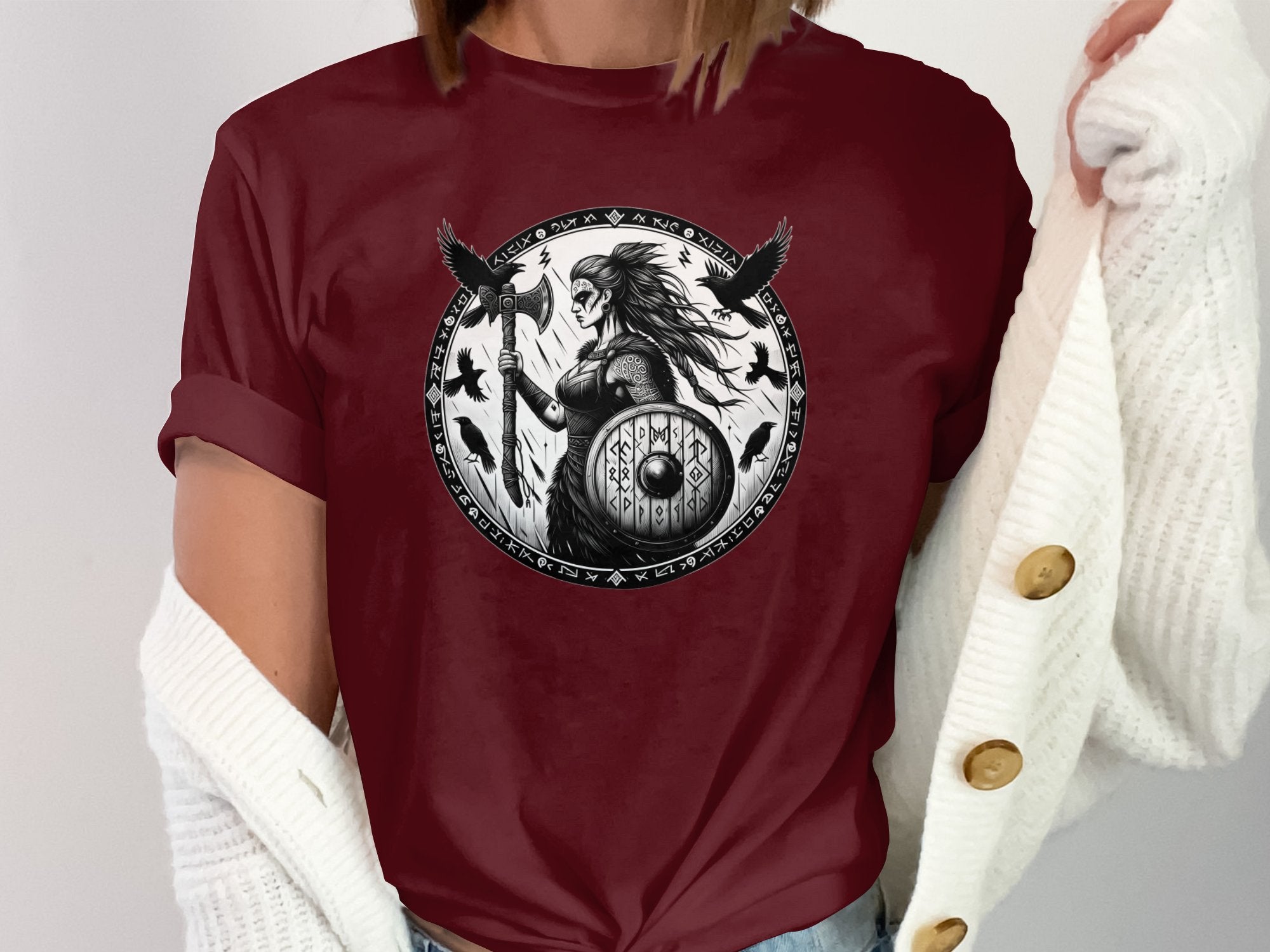 Viking Shield Maiden - Coloured Gildan T Shirt Realistic Norse Talisman Men Women Unisex Valhalla Tee Graphic Design