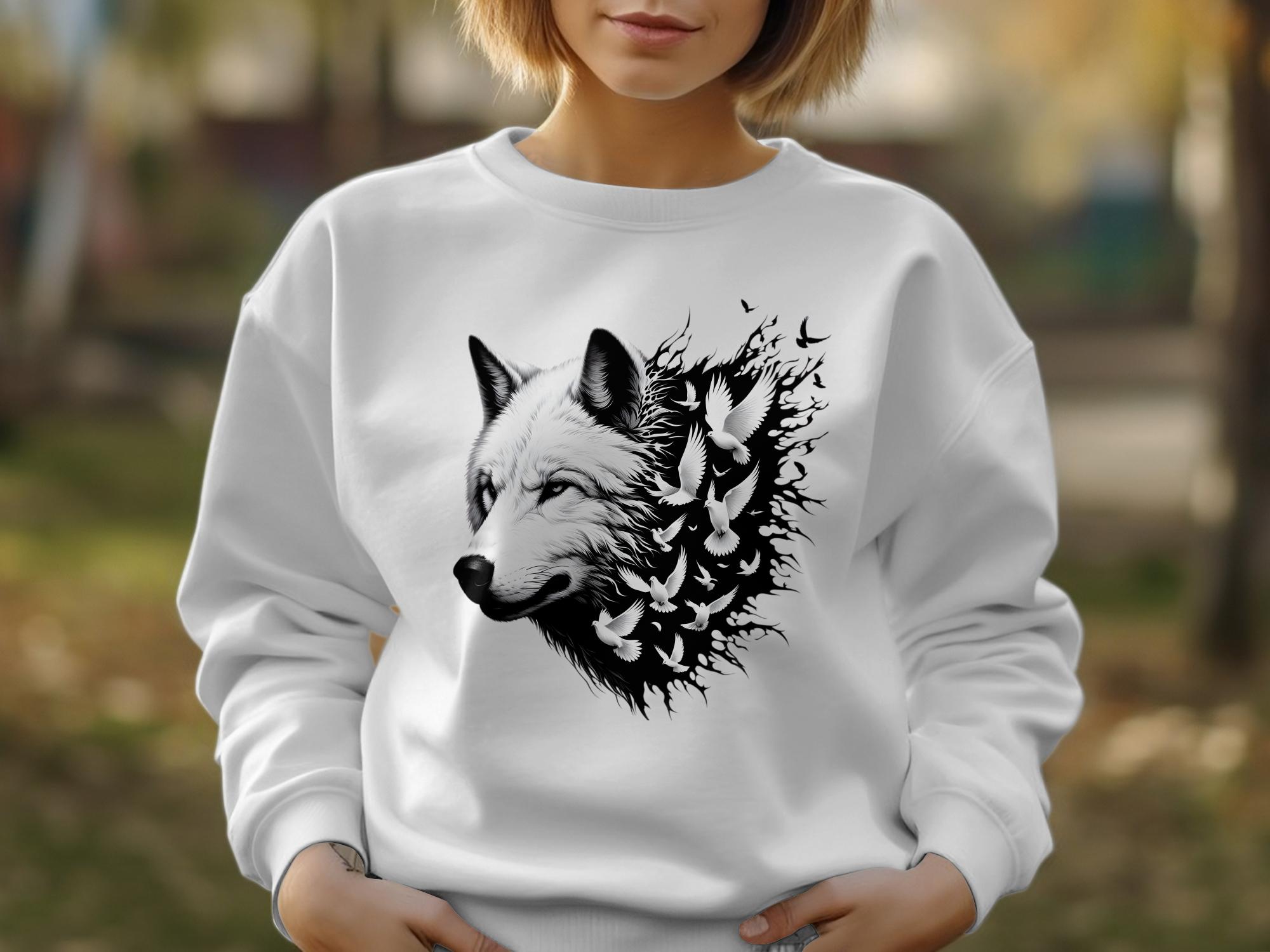 Wolf x Doves - Black White Gildan Sweatshirt Realistic Animal Talisman Unisex Tee Graphic Design