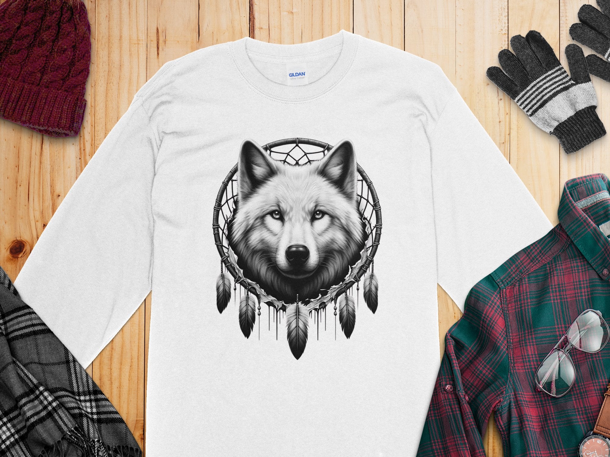 Dreamcatcher Wolf - Coloured Gildan Long Sleeve Realistic Native American Talisman Unisex Mythology Tee Graphic Design