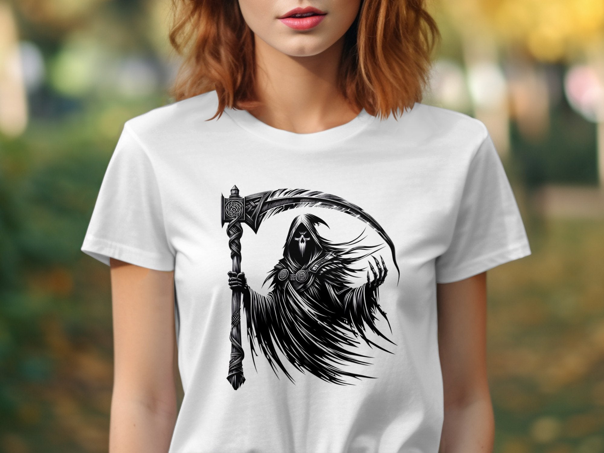 Grim Reaper - Black White Gildan T-Shirt Commemorative Talisman Unisex Tee Graphic Design