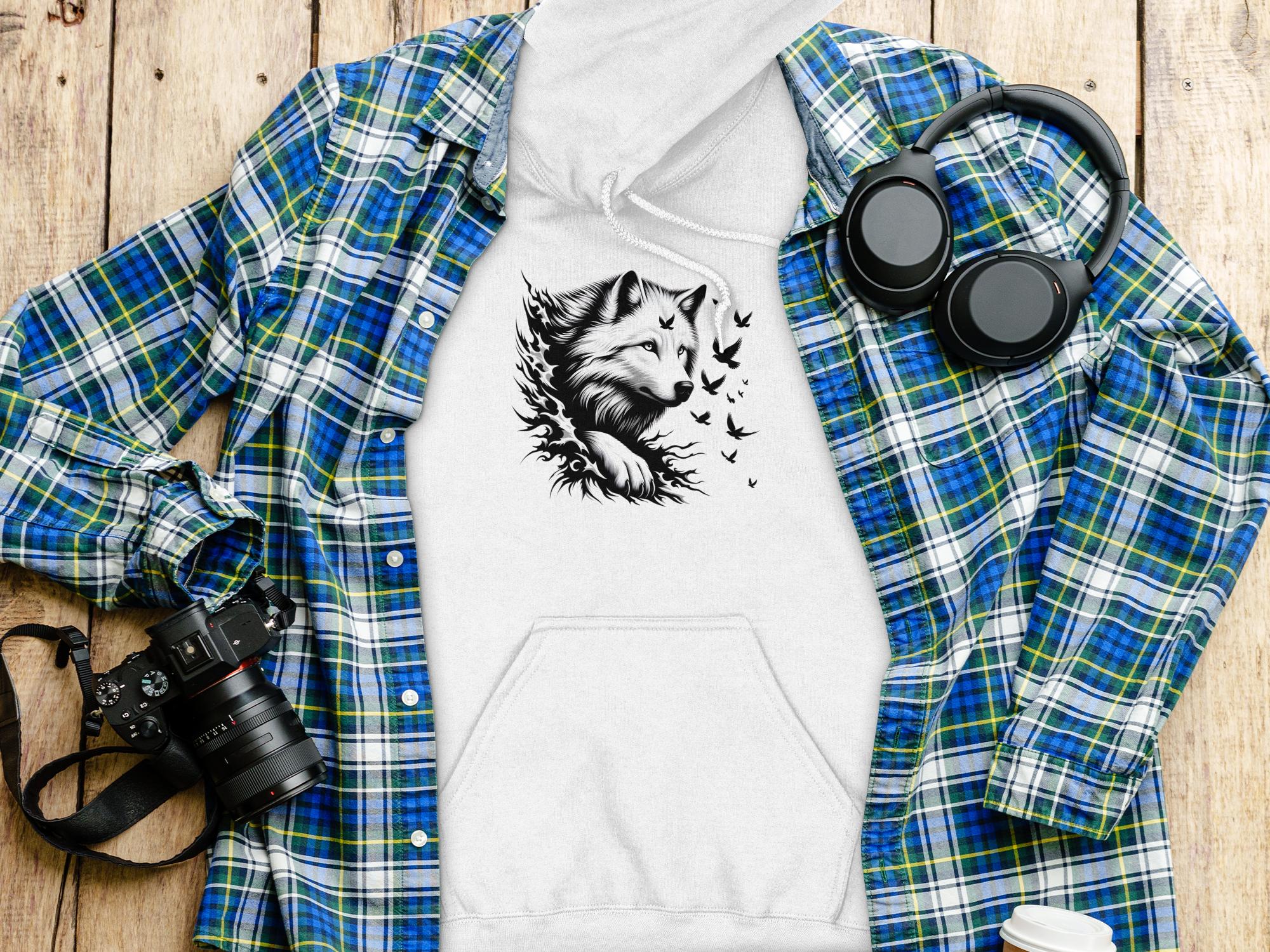 Wolf x Doves - Black White Gildan Hoodie Realistic Animal Talisman Unisex Tee Graphic Design