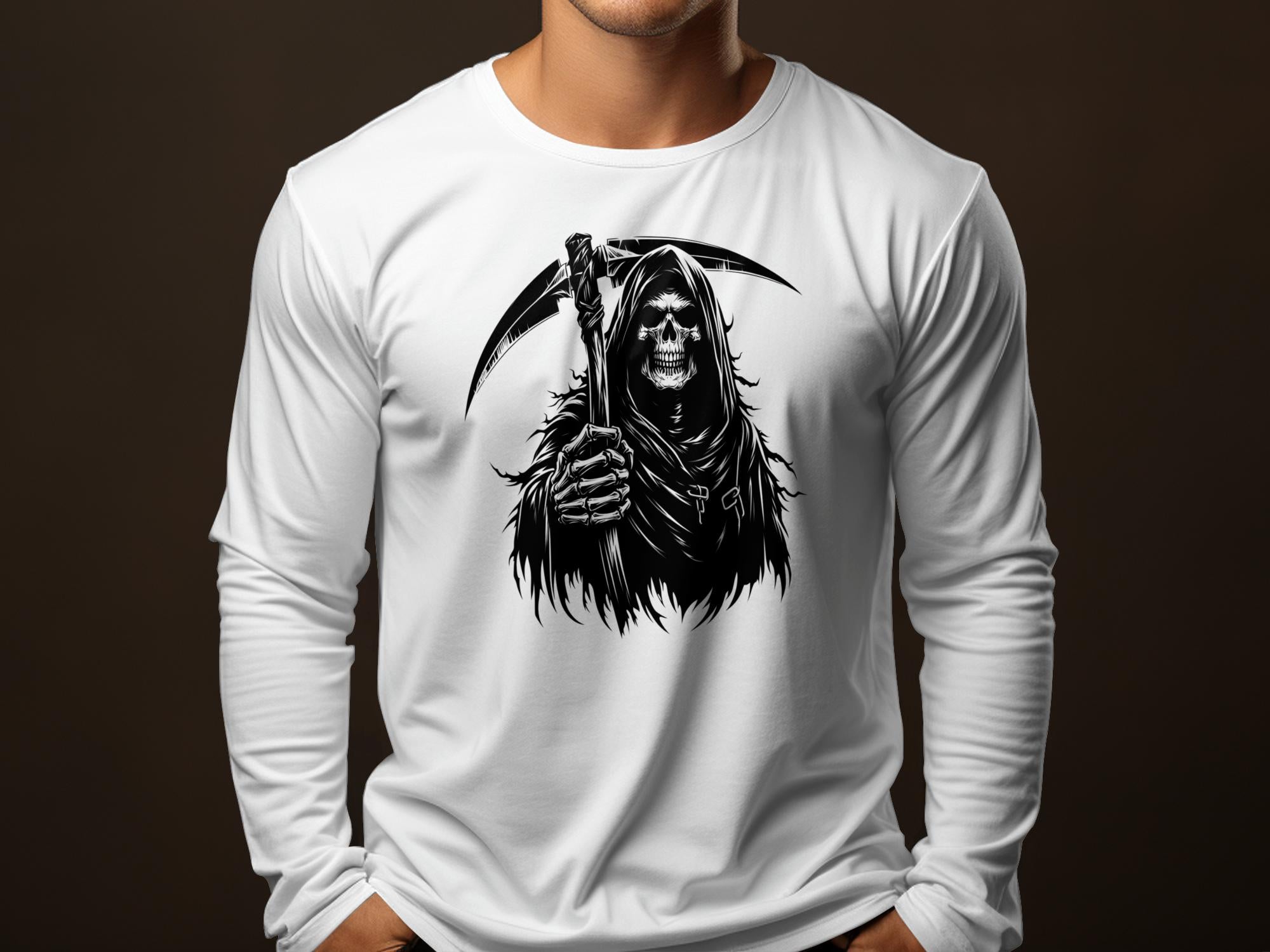 Grim Reaper - Black White Gildan Long Sleeve Commemorative Talisman Unisex Tee Graphic Design