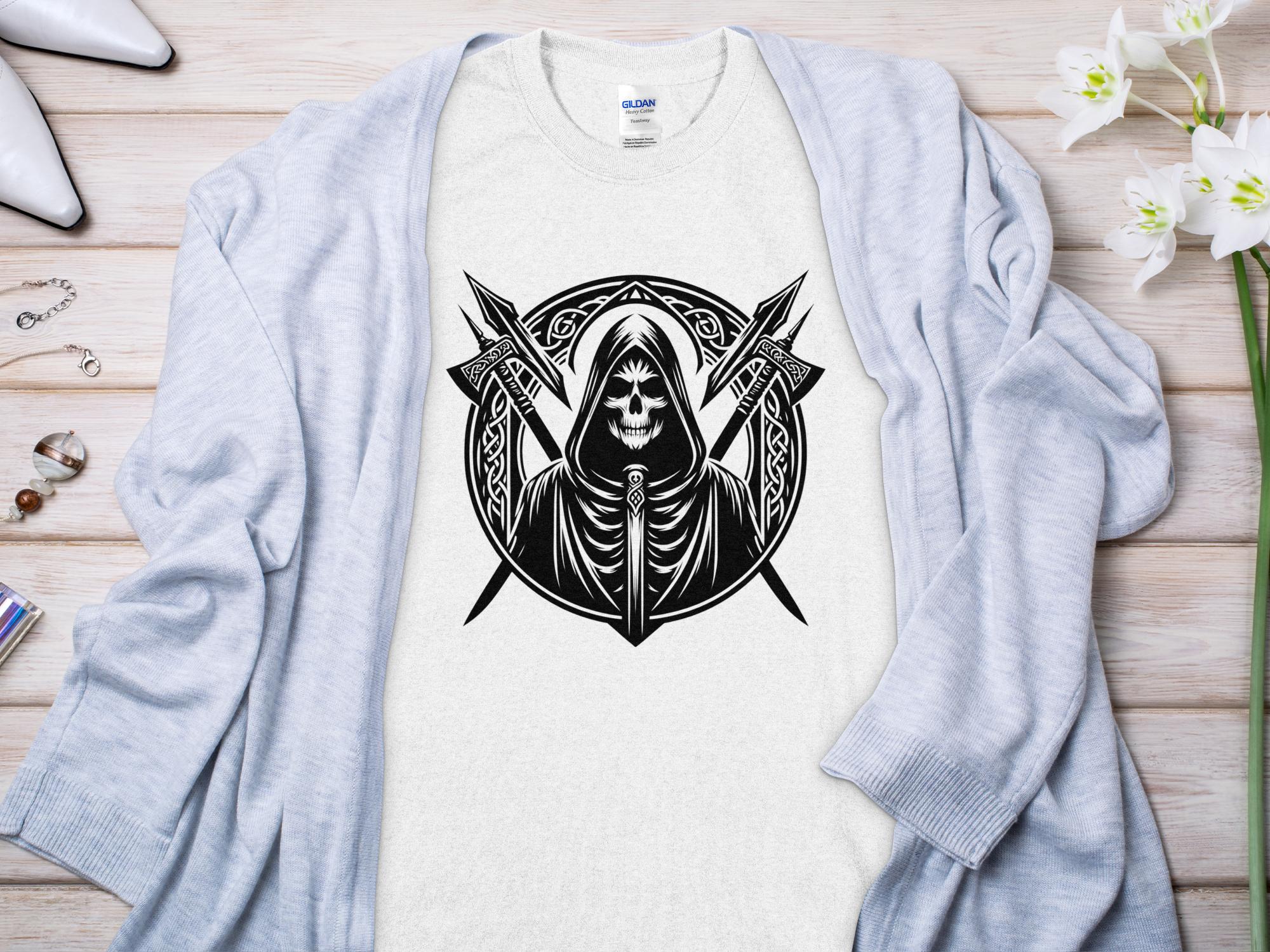 Grim Reaper - Black White Gildan T-Shirt Commemorative Talisman Unisex Tee Graphic Design