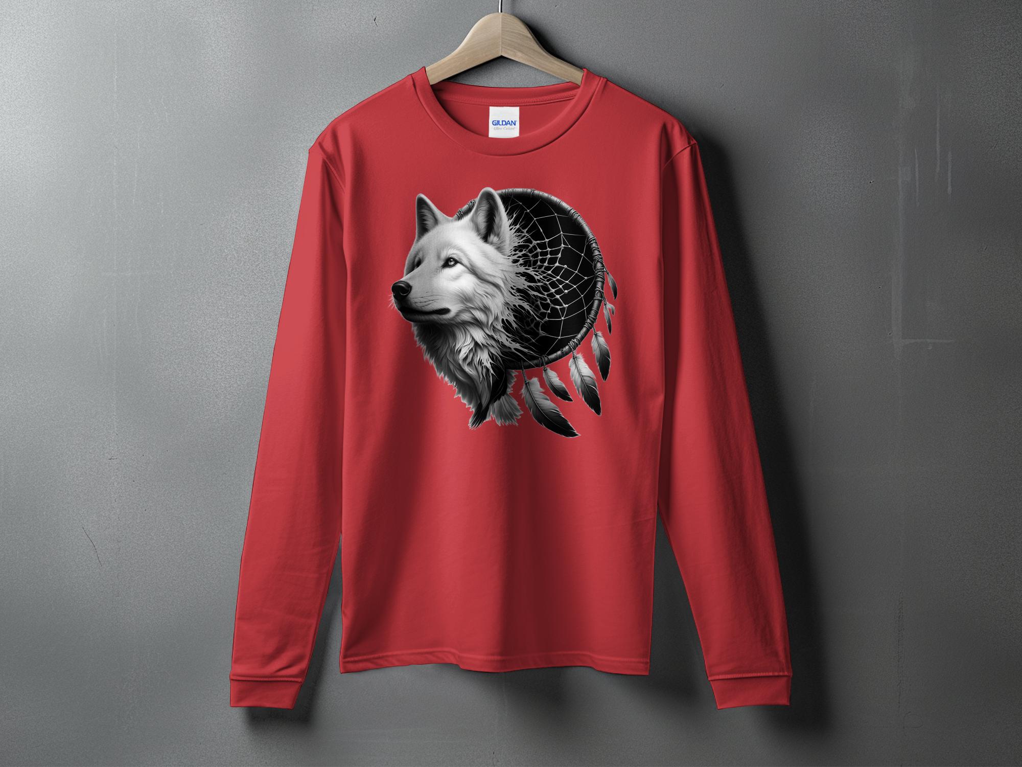 Dreamcatcher Wolf - Coloured Gildan Long Sleeve Realistic Native American Talisman Unisex Mythology Tee Graphic Design