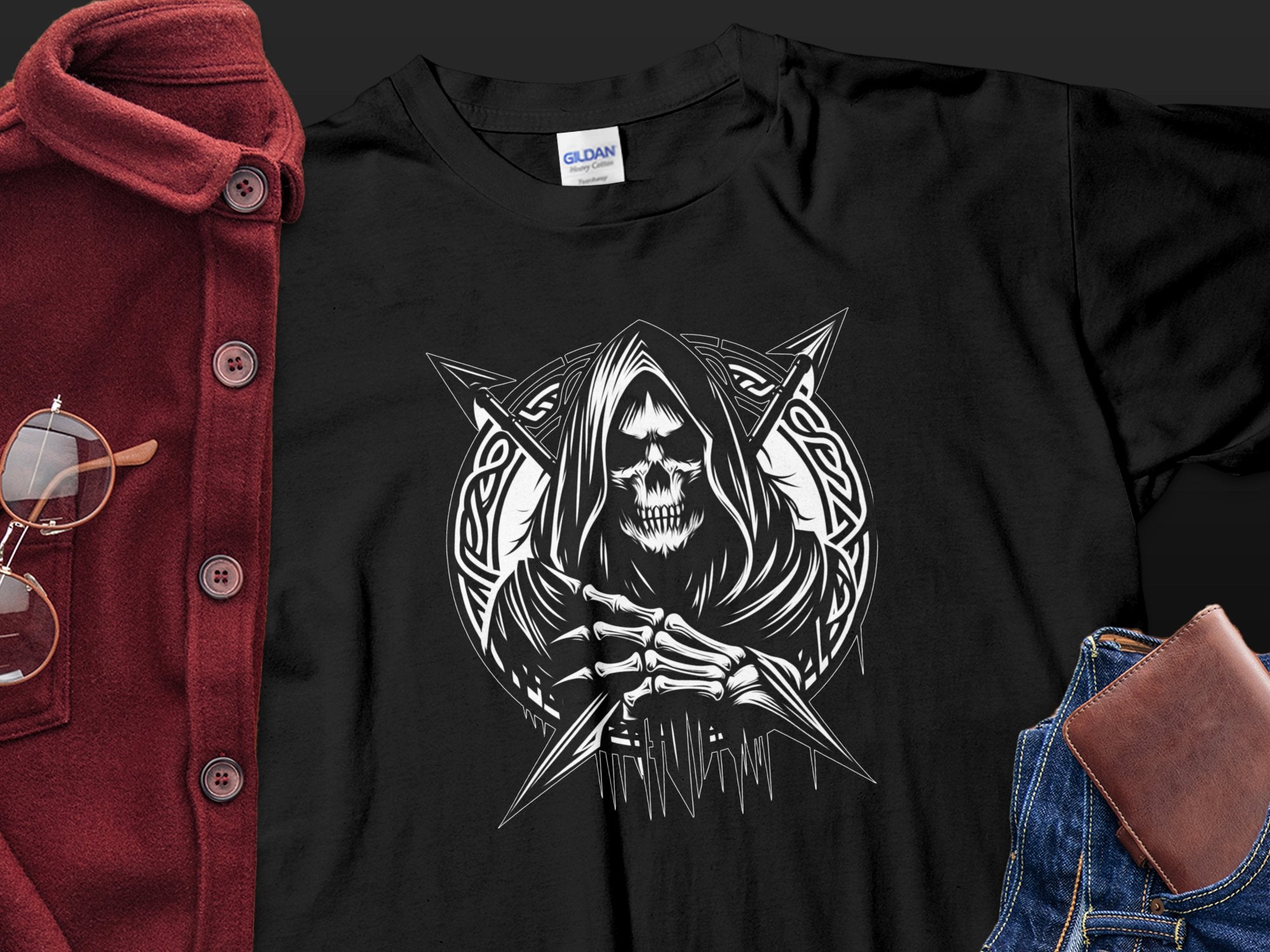 Grim Reaper - Black White Gildan T-Shirt Commemorative Talisman Unisex Tee Graphic Design