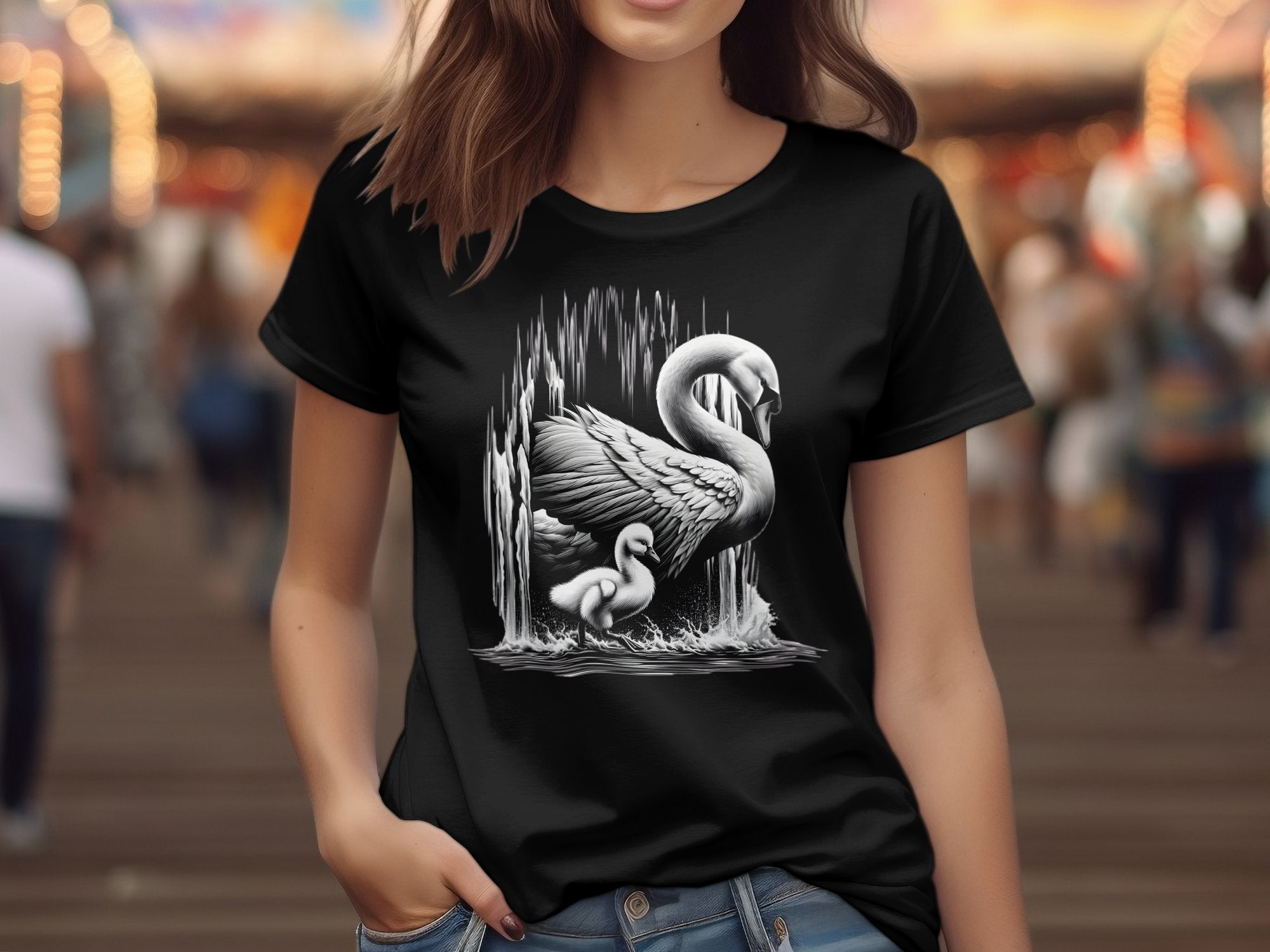 Swan & Cygnet- Black White Gildan T-Shirt Realistic Family Talisman Unisex Tee Graphic Design