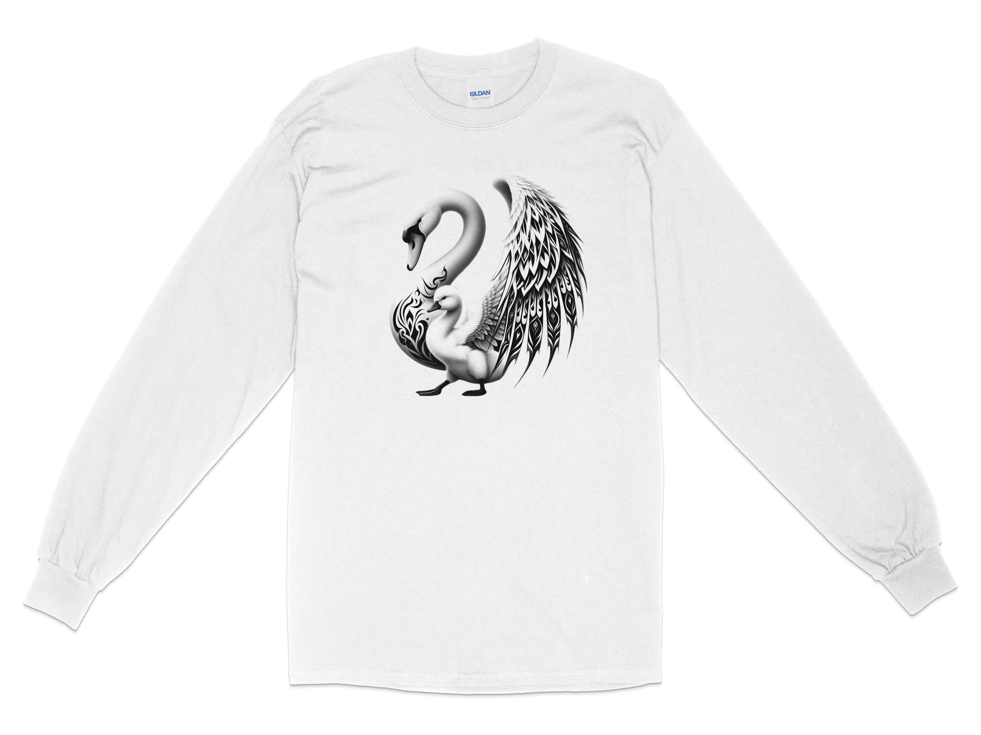 Swan & Cygnet- Black White Gildan Long Sleeve Realistic Family Talisman Unisex Tee Graphic Design