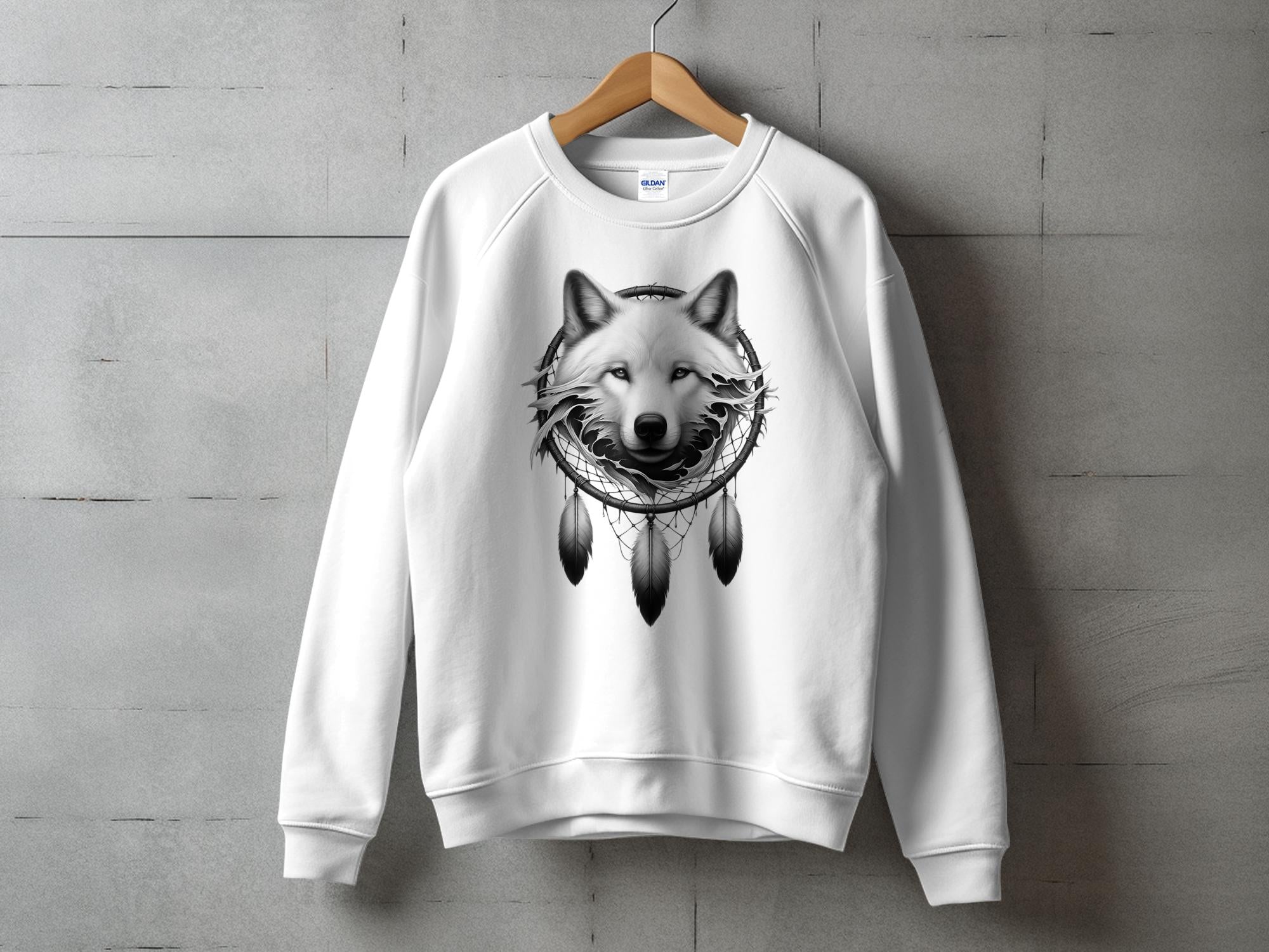 Dreamcatcher Wolf - Coloured Gildan Sweatshirt Realistic Native American Talisman Unisex Mythology Tee Graphic Design