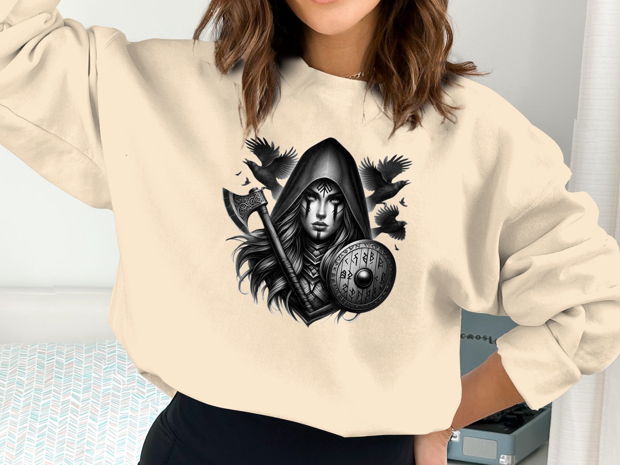 Viking Shield Maiden - Coloured Gildan Sweatshirt Realistic Norse Talisman Men Women Unisex Valhalla Tee Graphic Design