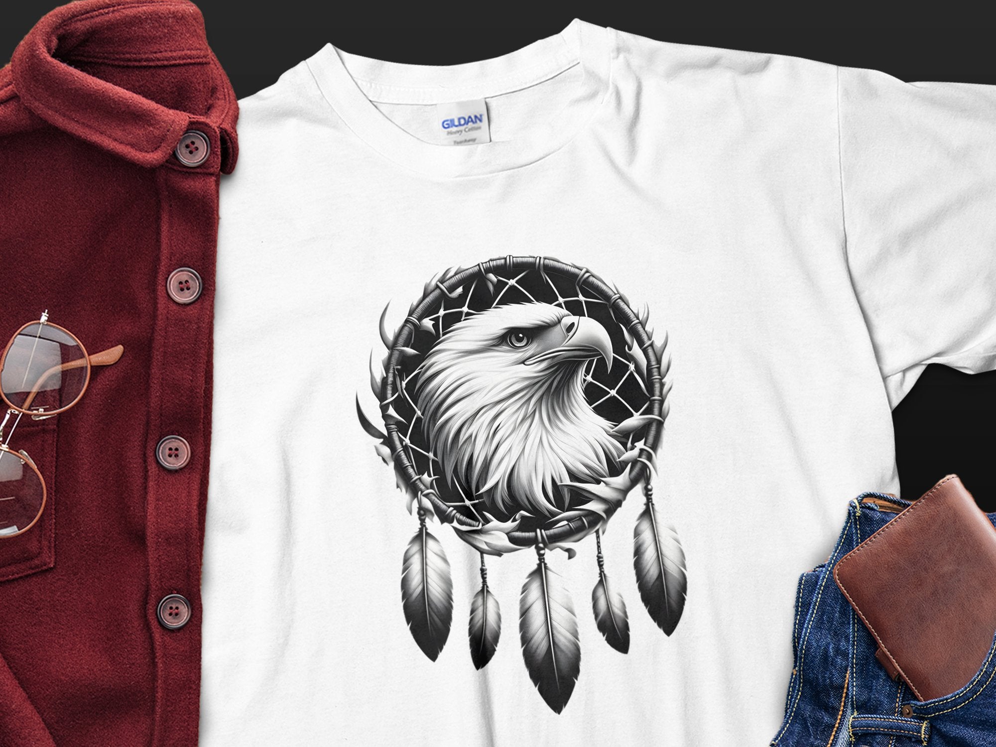 Dreamcatcher Eagle - Coloured Gildan T-Shirt Realistic Native American Talisman Unisex Mythology Tee Graphic Design