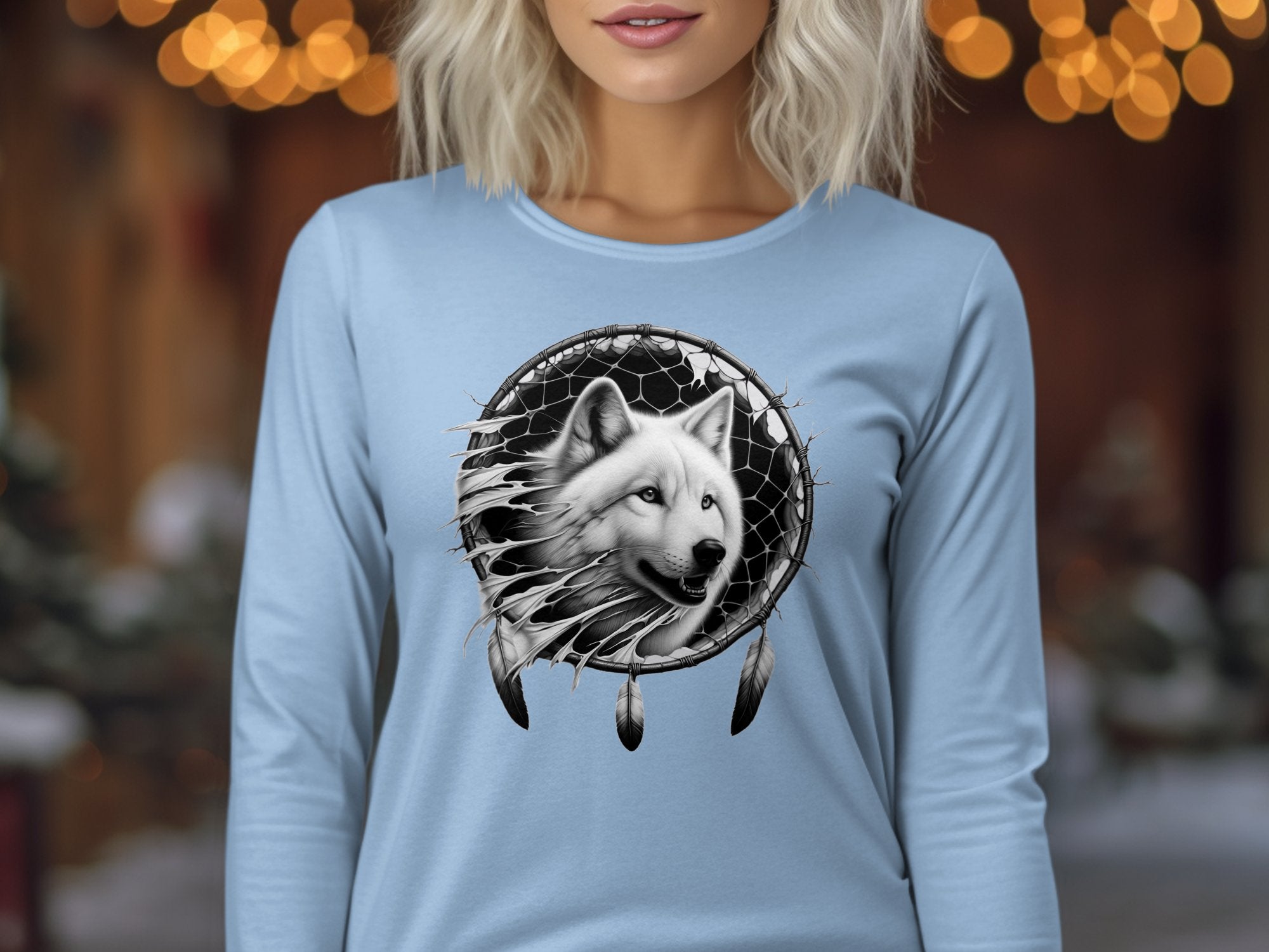 Dreamcatcher Wolf - Coloured Gildan Long Sleeve Realistic Native American Talisman Unisex Mythology Tee Graphic Design