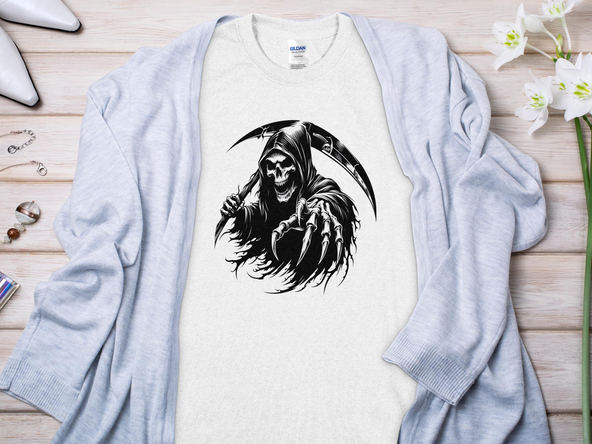 Grim Reaper - Black White Gildan T-Shirt Commemorative Talisman Unisex Tee Graphic Design