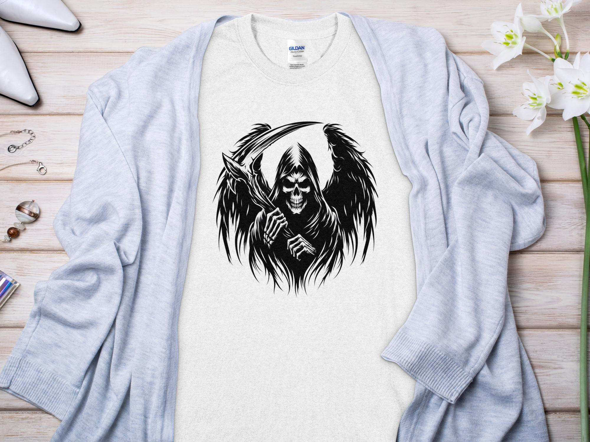 Grim Reaper - Black White Gildan T-Shirt Commemorative Talisman Unisex Tee Graphic Design