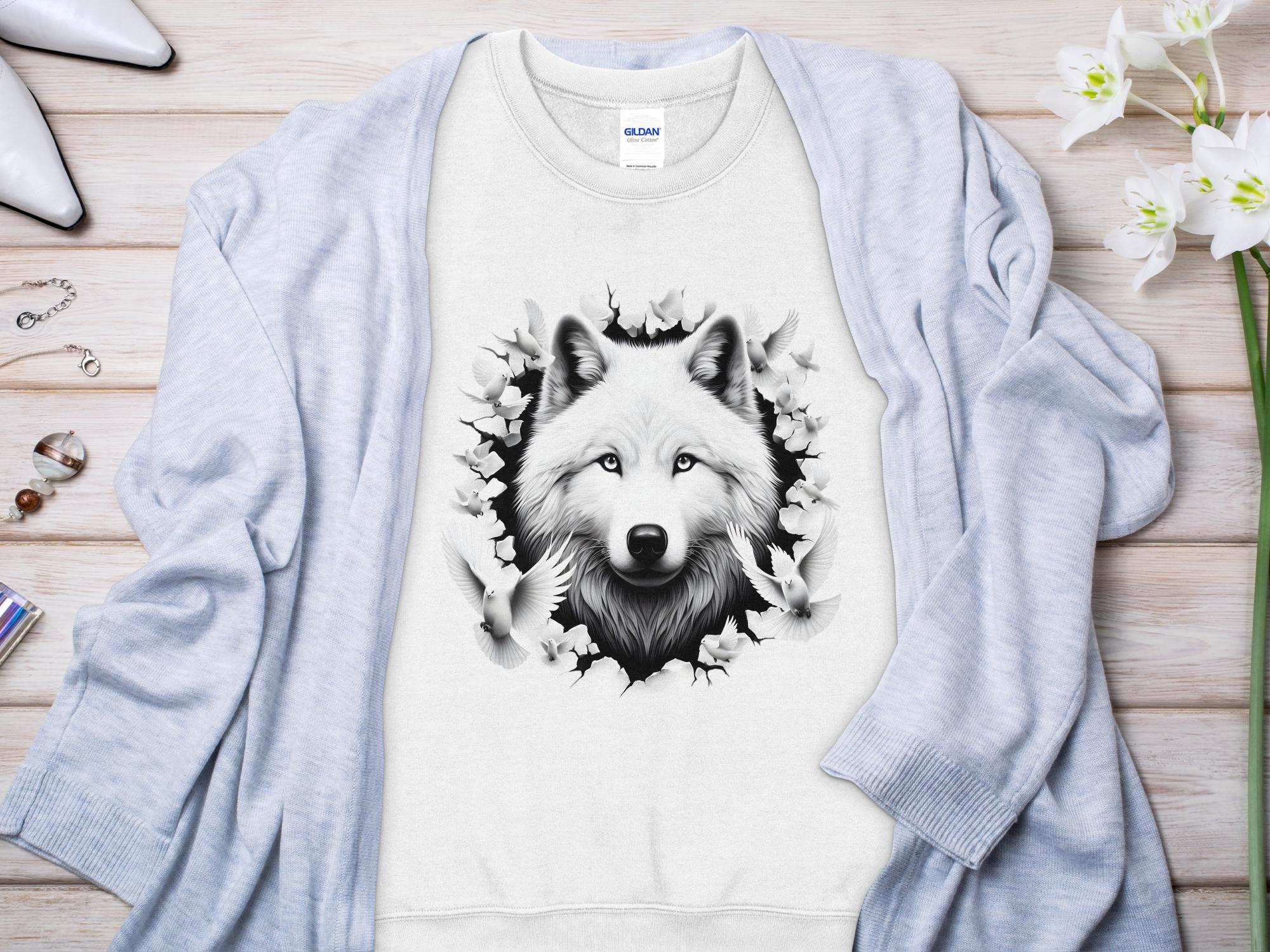 Wolf x Doves - Black White Gildan Sweatshirt Realistic Animal Talisman Unisex Tee Graphic Design