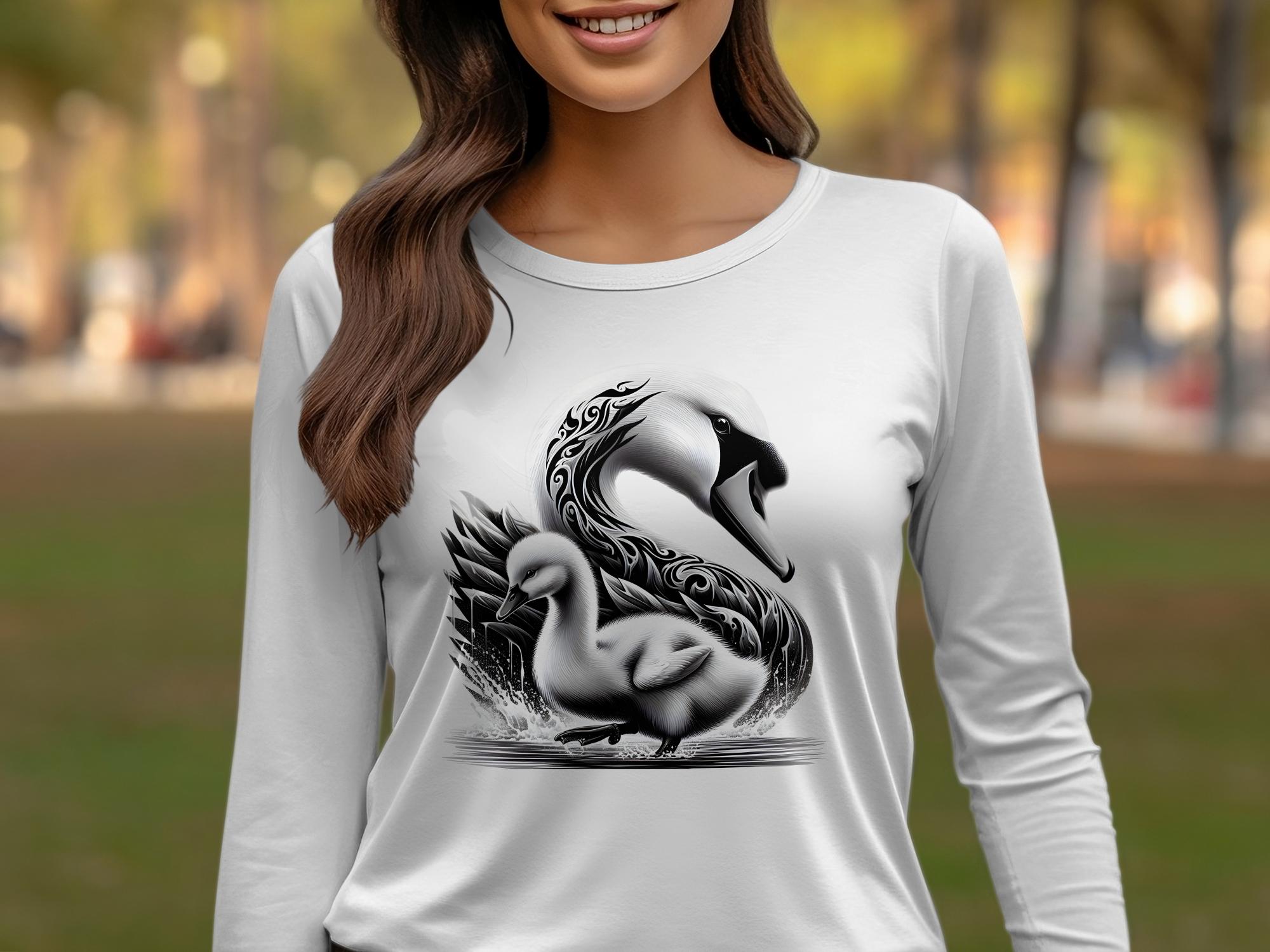 Swan & Cygnet- Black White Gildan Long Sleeve Realistic Family Talisman Unisex Tee Graphic Design