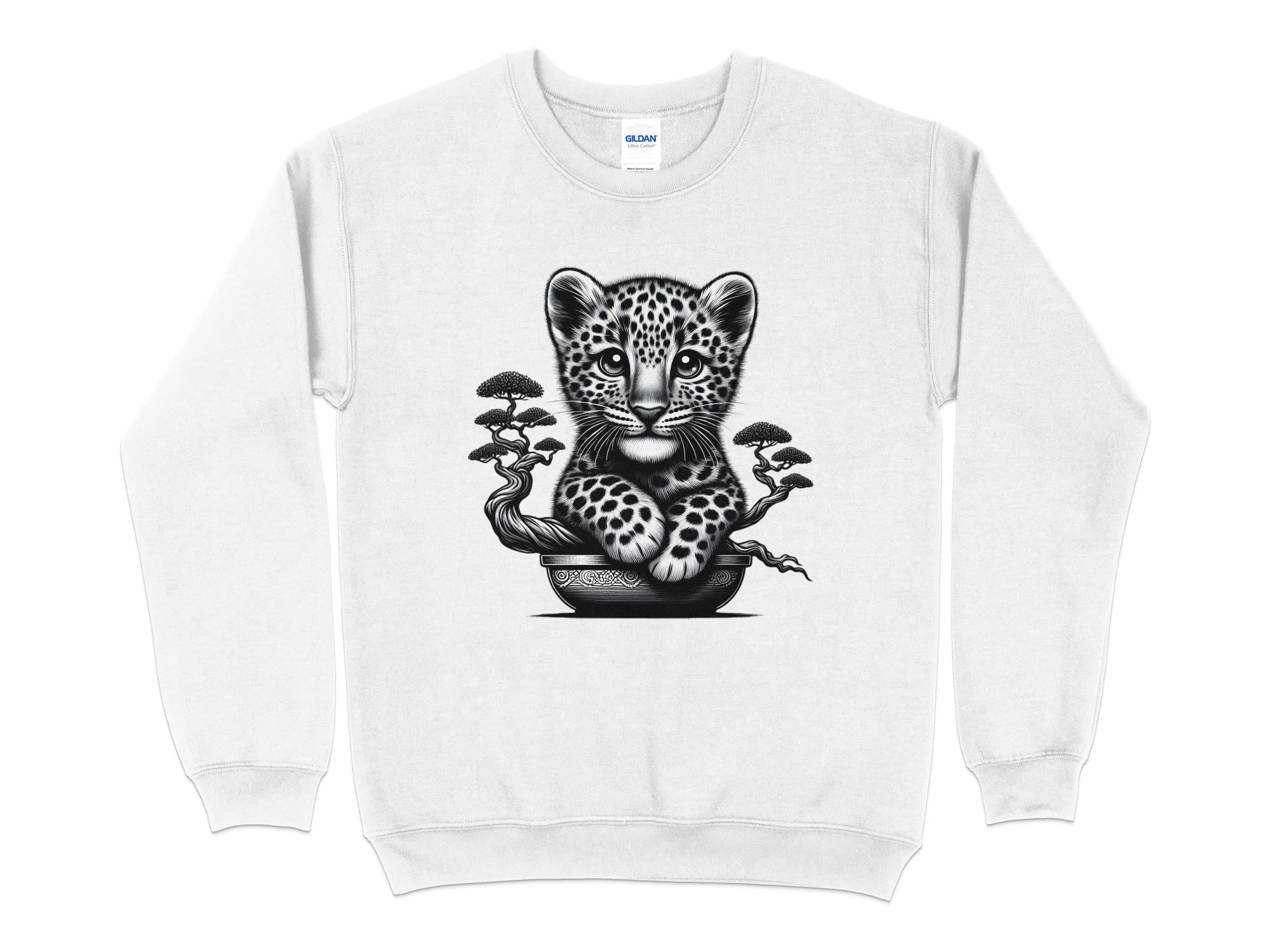 Leopard Bonsai - Coloured Gildan Sweatshirt Realistic Animal Talisman Unisex Cute Tee Graphic Design