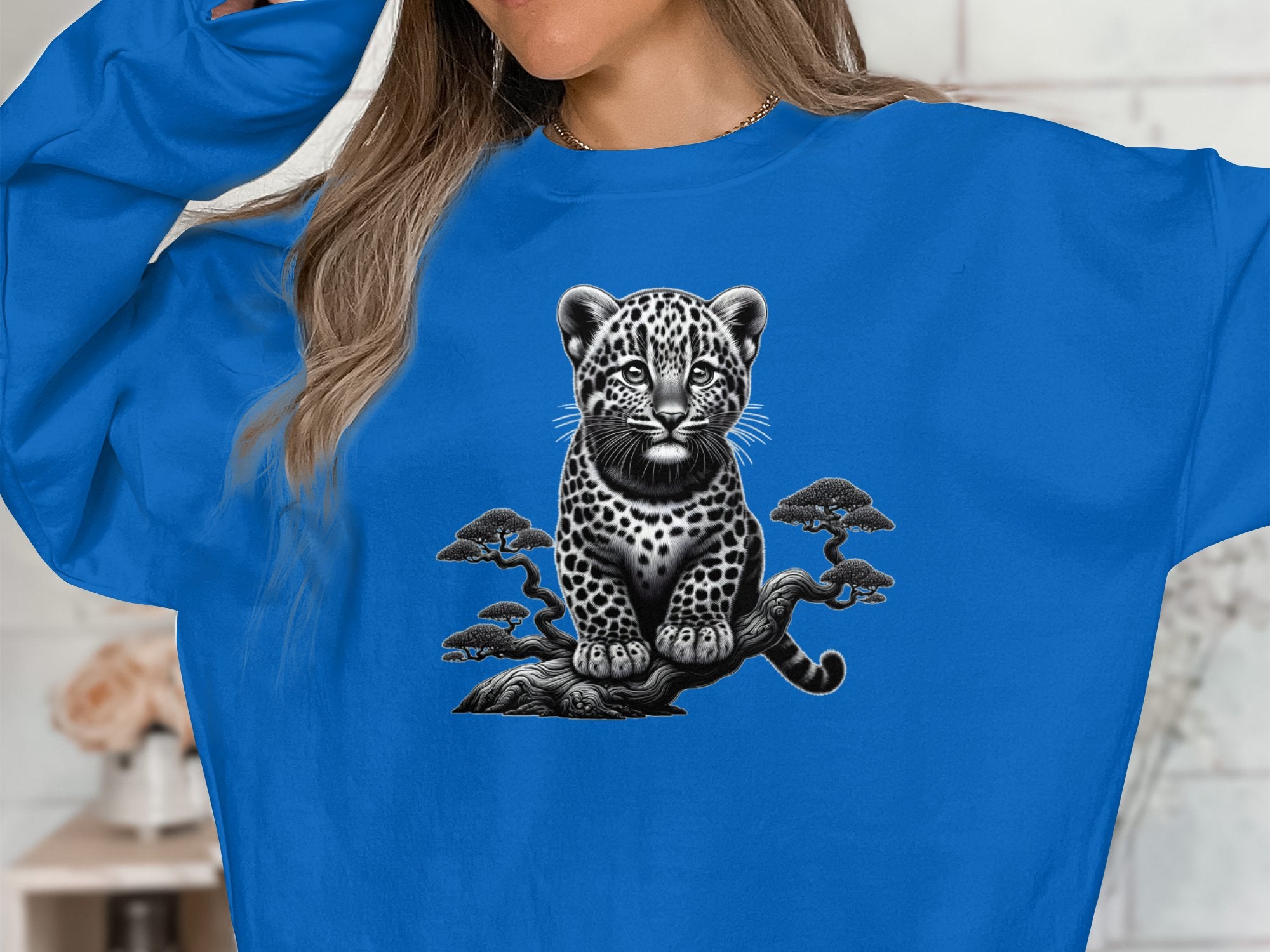 Leopard Bonsai - Coloured Gildan Sweatshirt Realistic Animal Talisman Unisex Cute Tee Graphic Design