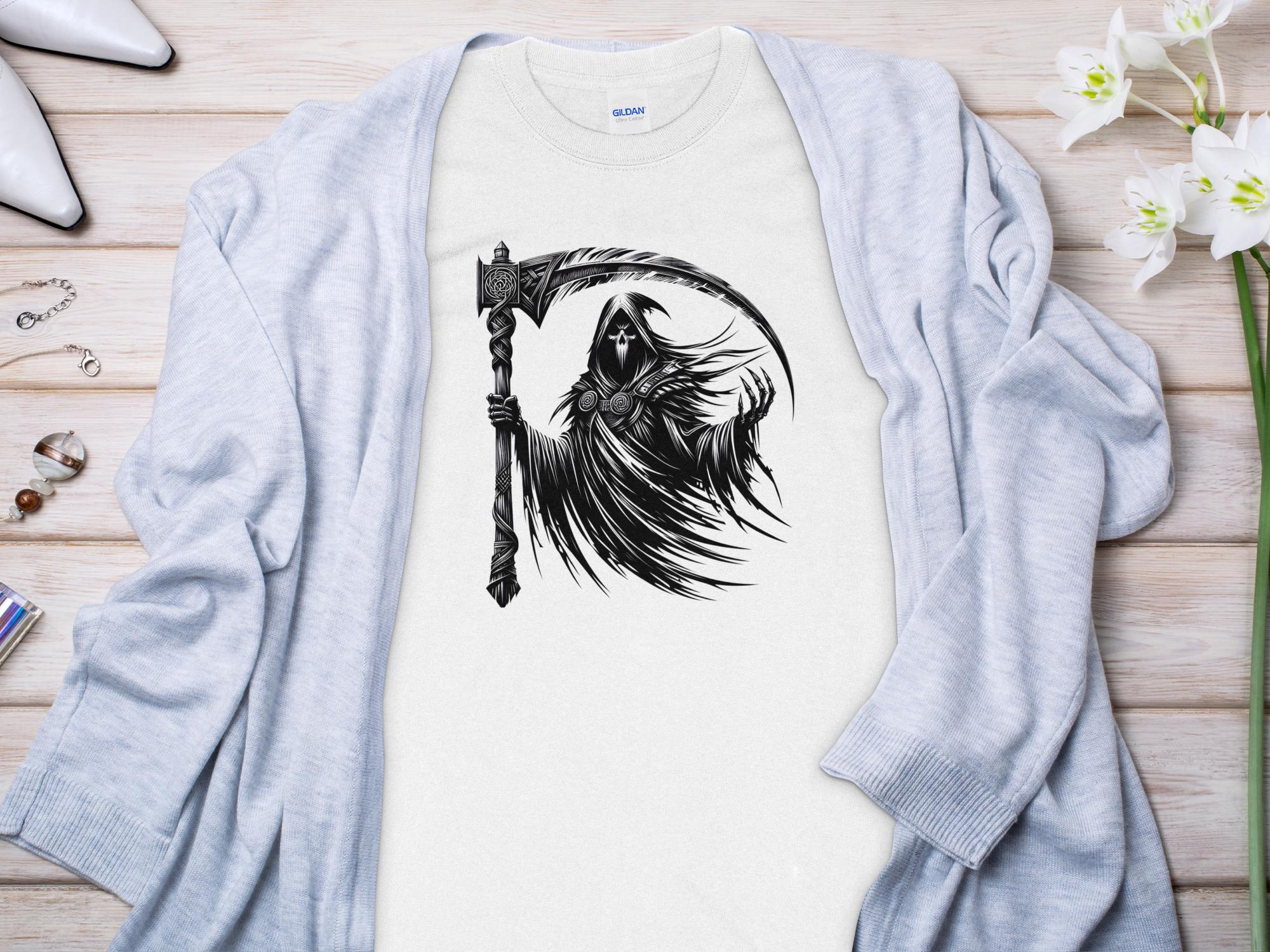 Grim Reaper - Black White Gildan Long Sleeve Commemorative Talisman Unisex Tee Graphic Design