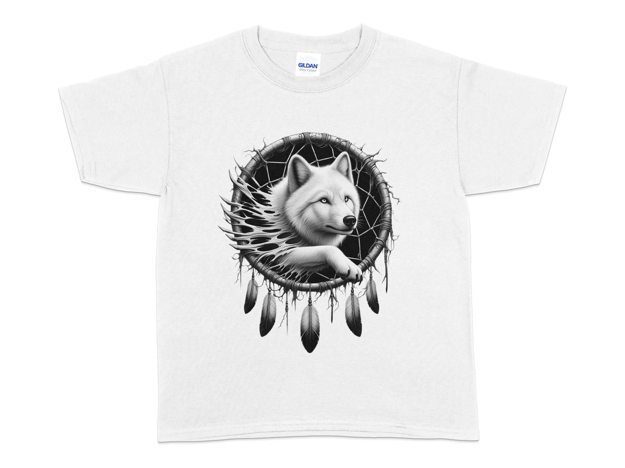 Dreamcatcher Wolf - Coloured Gildan Kids T-Shirt Realistic Native American Talisman Unisex Mythology Tee Graphic Design