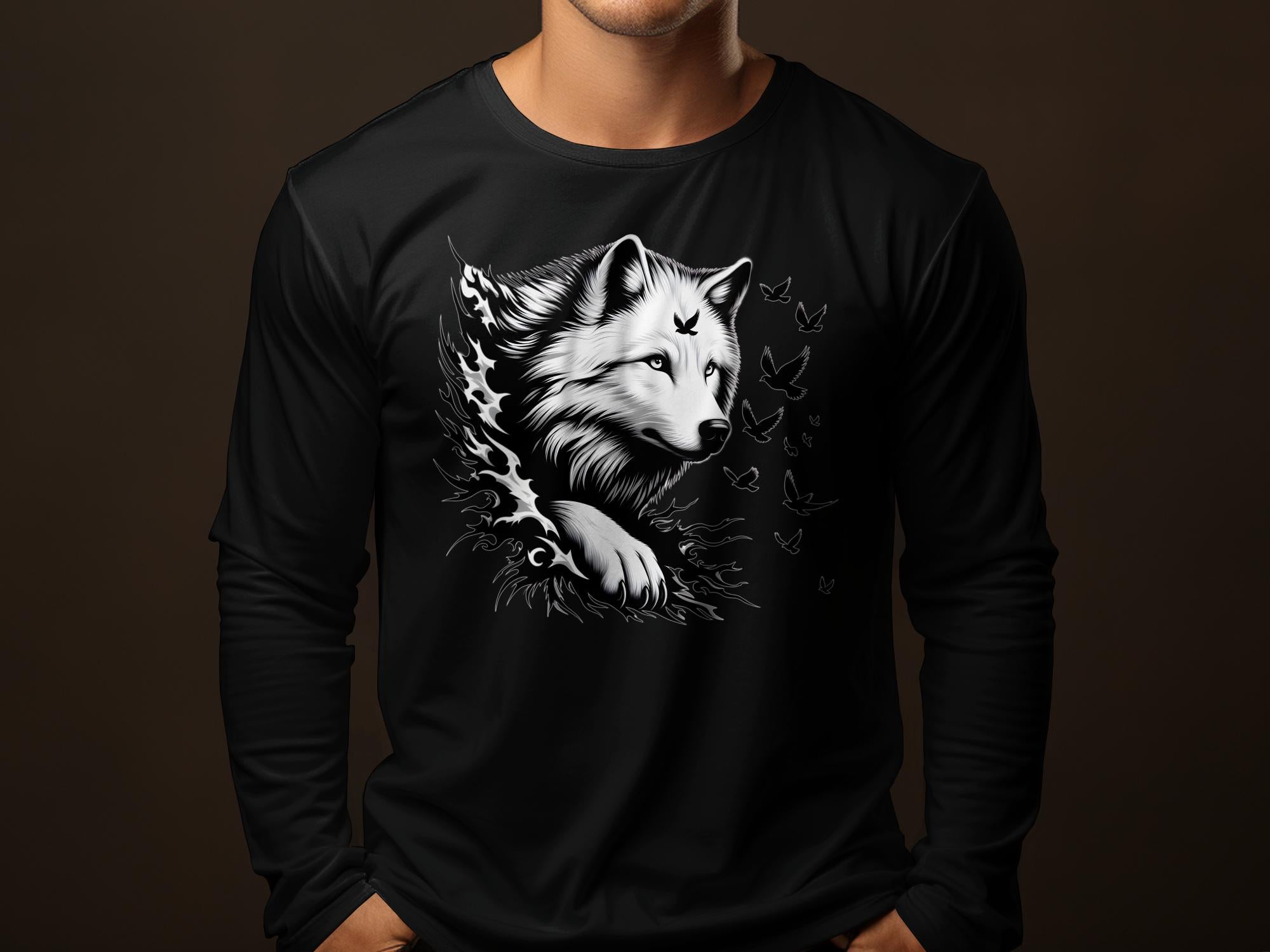 Wolf x Doves - Black White Gildan Long Sleeve Realistic Animal Talisman Unisex Tee Graphic Design