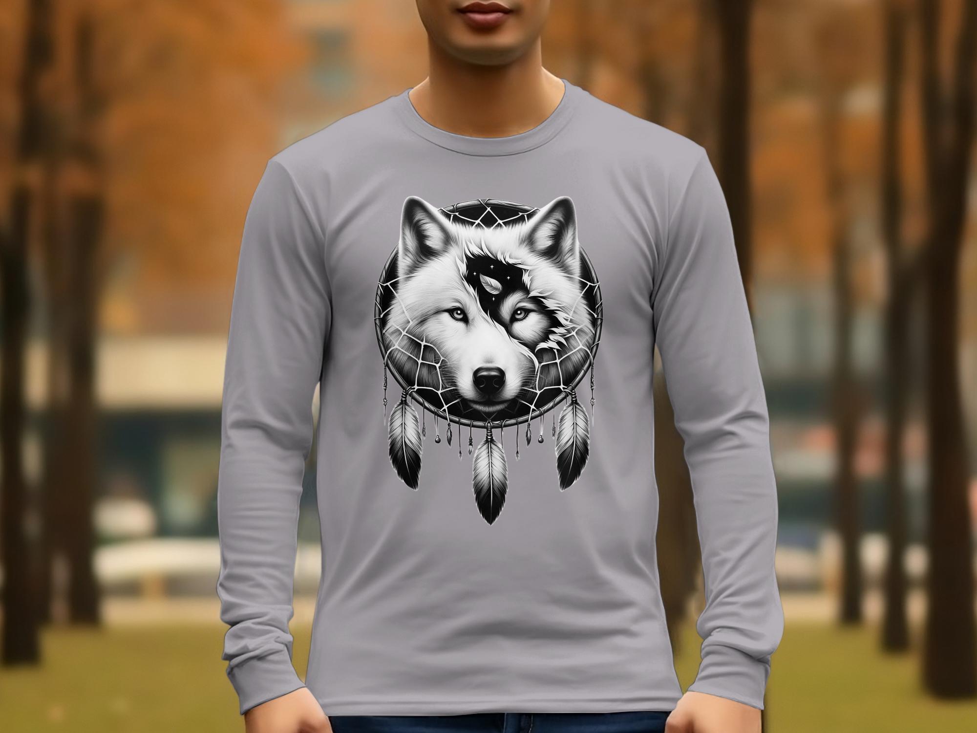 Dreamcatcher Wolf - Coloured Gildan Long Sleeve Realistic Native American Talisman Unisex Mythology Tee Graphic Design