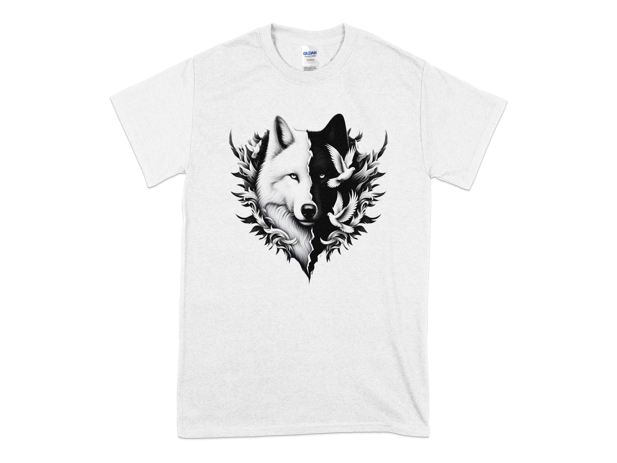 Wolf x Doves - Black White Gildan T-Shirt Realistic Animal Talisman Unisex Tee Graphic Design