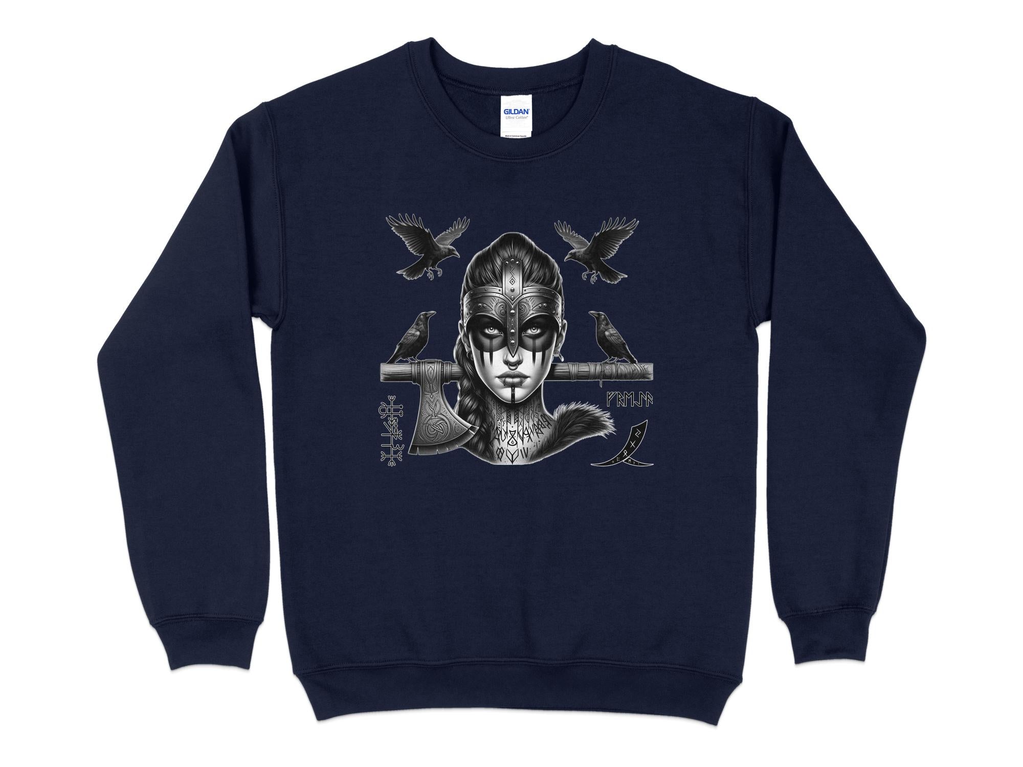 Viking Shield Maiden - Coloured Gildan Sweatshirt Realistic Norse Talisman Men Women Unisex Valhalla Tee Graphic Design