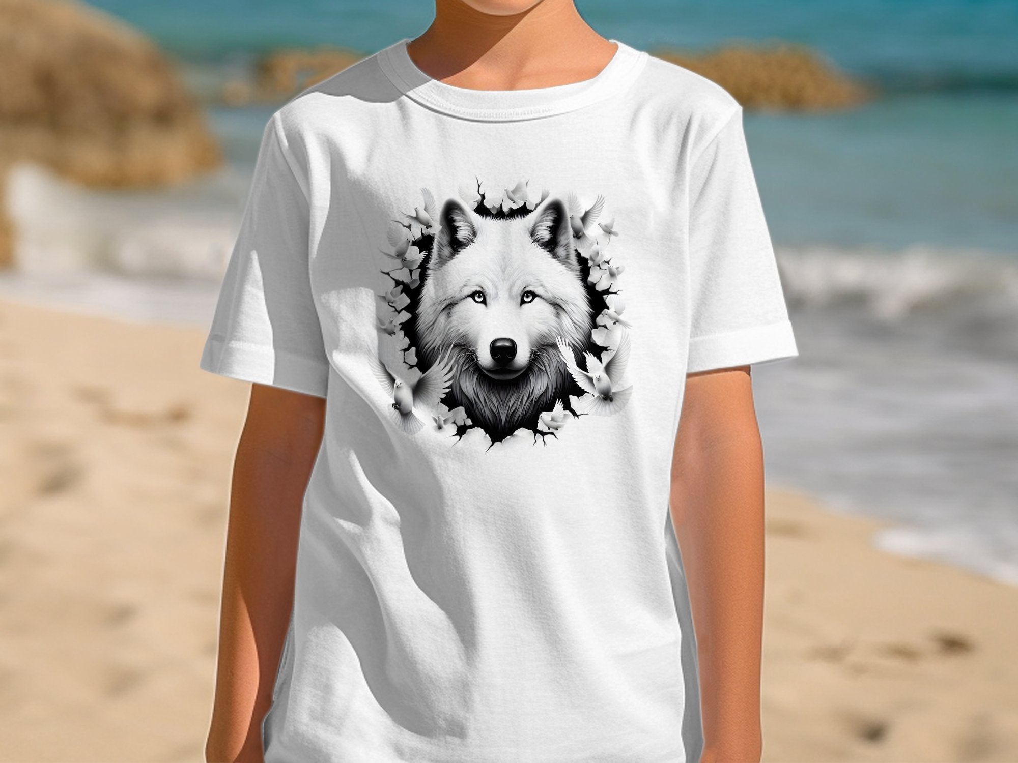 Wolf x Doves - Black White Gildan Kids T-Shirt Realistic Animal Talisman Unisex Tee Graphic Design