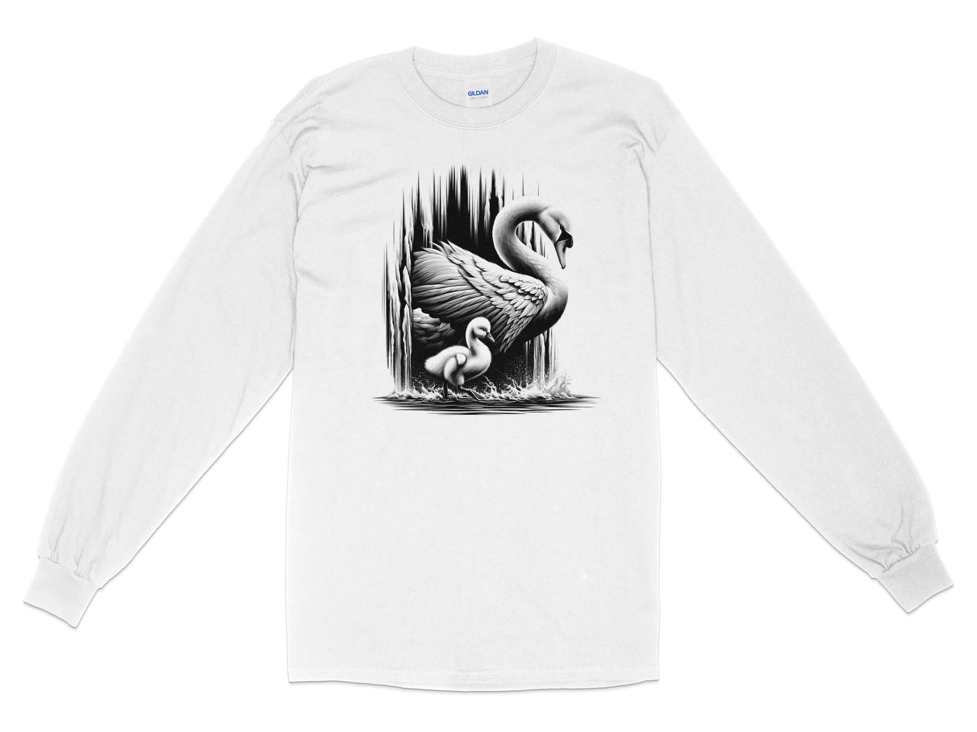 Swan & Cygnet- Black White Gildan Long Sleeve Realistic Family Talisman Unisex Tee Graphic Design