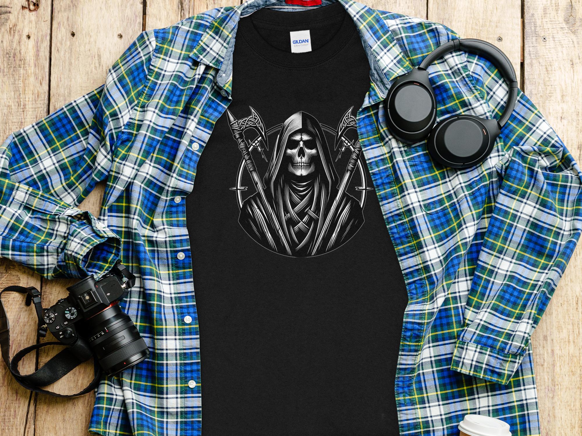 Grim Reaper - Black White Gildan Long Sleeve Commemorative Talisman Unisex Tee Graphic Design