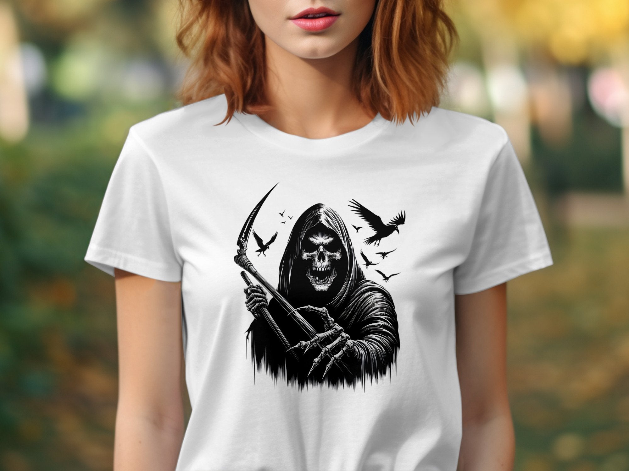 Grim Reaper - Black White Gildan T-Shirt Commemorative Talisman Unisex Tee Graphic Design