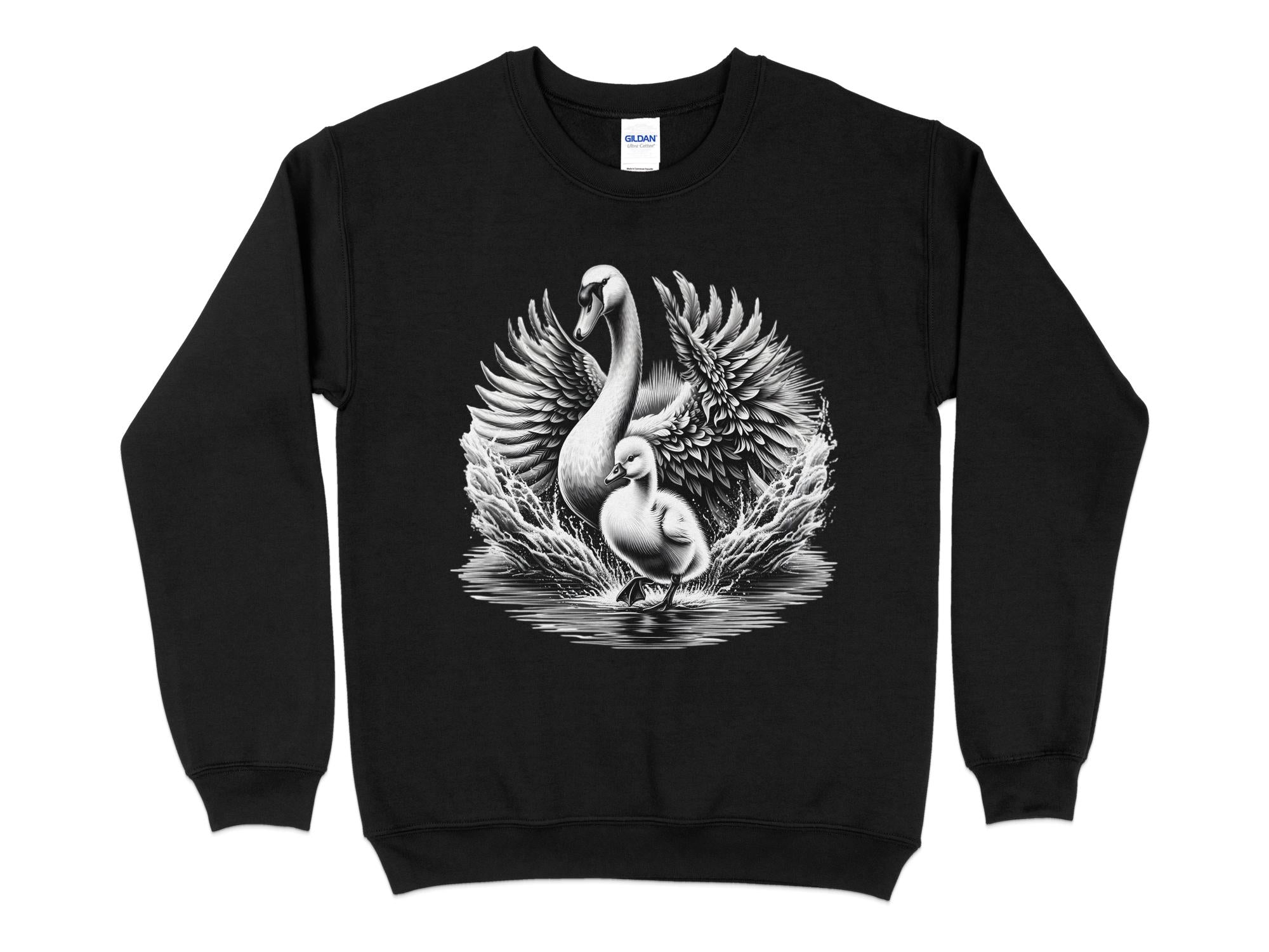 Swan & Cygnet- Black White Gildan Sweatshirt Realistic Family Talisman Unisex Tee Graphic Design